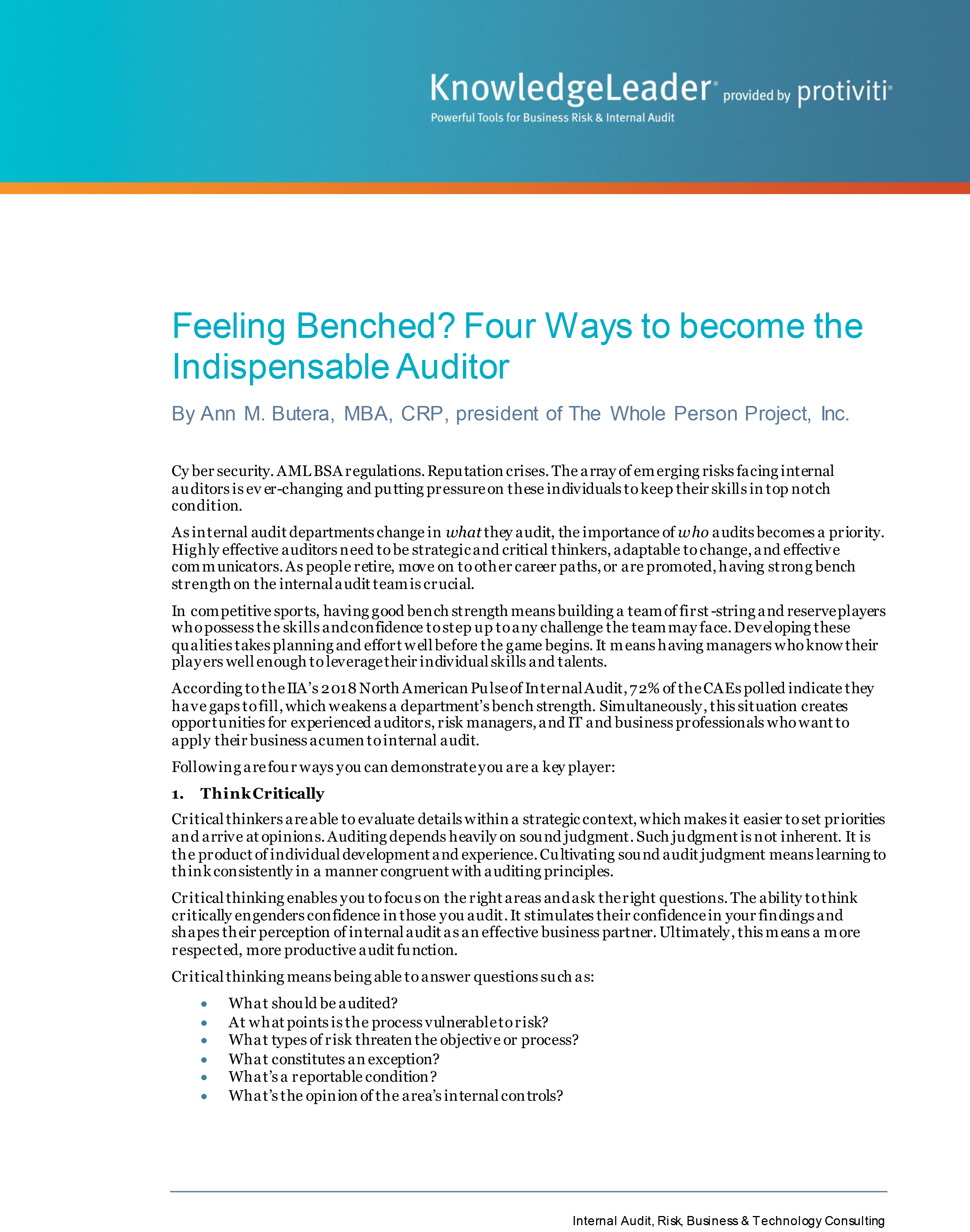 Screenshot of the first page of Feeling Benched - Four Ways to Become the Indispensable Auditor