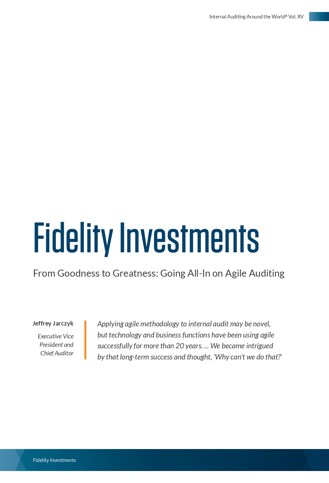 Screenshot of the first page of Fidelity Investments From Goodness to Greatness — Going All-In on Agile Auditing