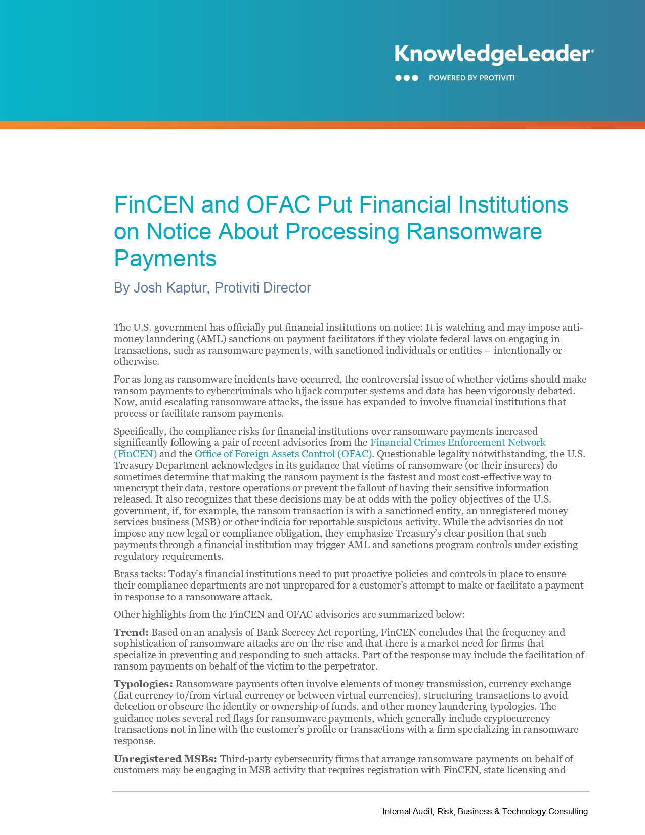 Screenshot of the first page of FinCEN and OFAC Put Financial Institutions on Notice About Processing Ransomware Payments