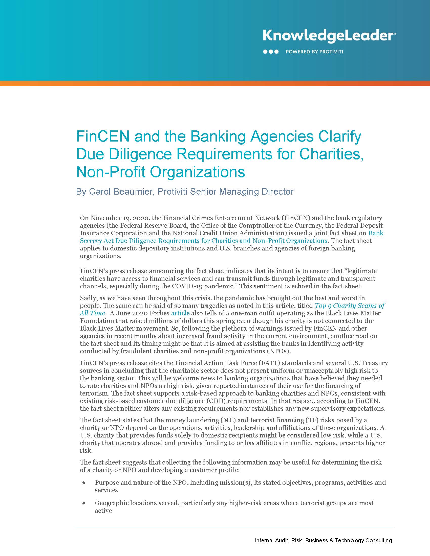 Screenshot of the first page of FinCEN and the Banking Agencies Clarify Due Diligence Requirements for Charities, Non-Profit Organizations