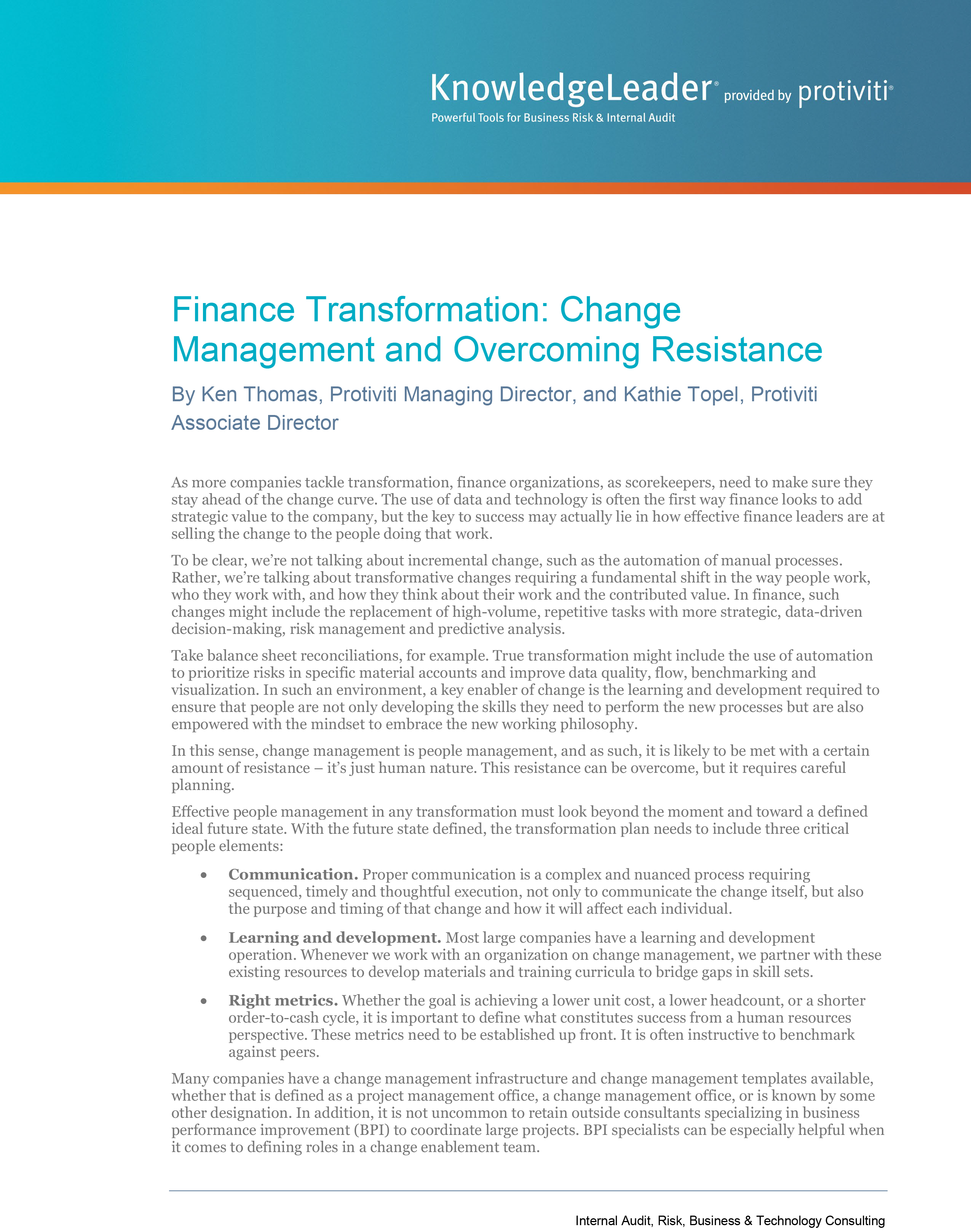 Screenshot of the first page of Finance Transformation - Change Management and Overcoming Resistance