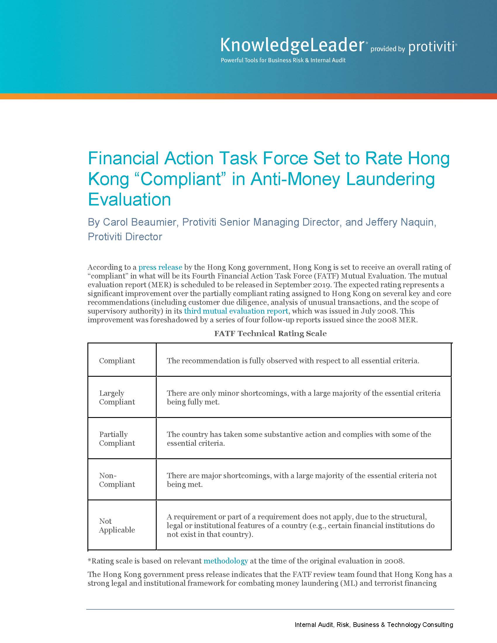 Screenshot of the first page of Financial Action Task Force Set to Rate Hong Kong “Compliant” in Anti-Money Laundering Evaluation