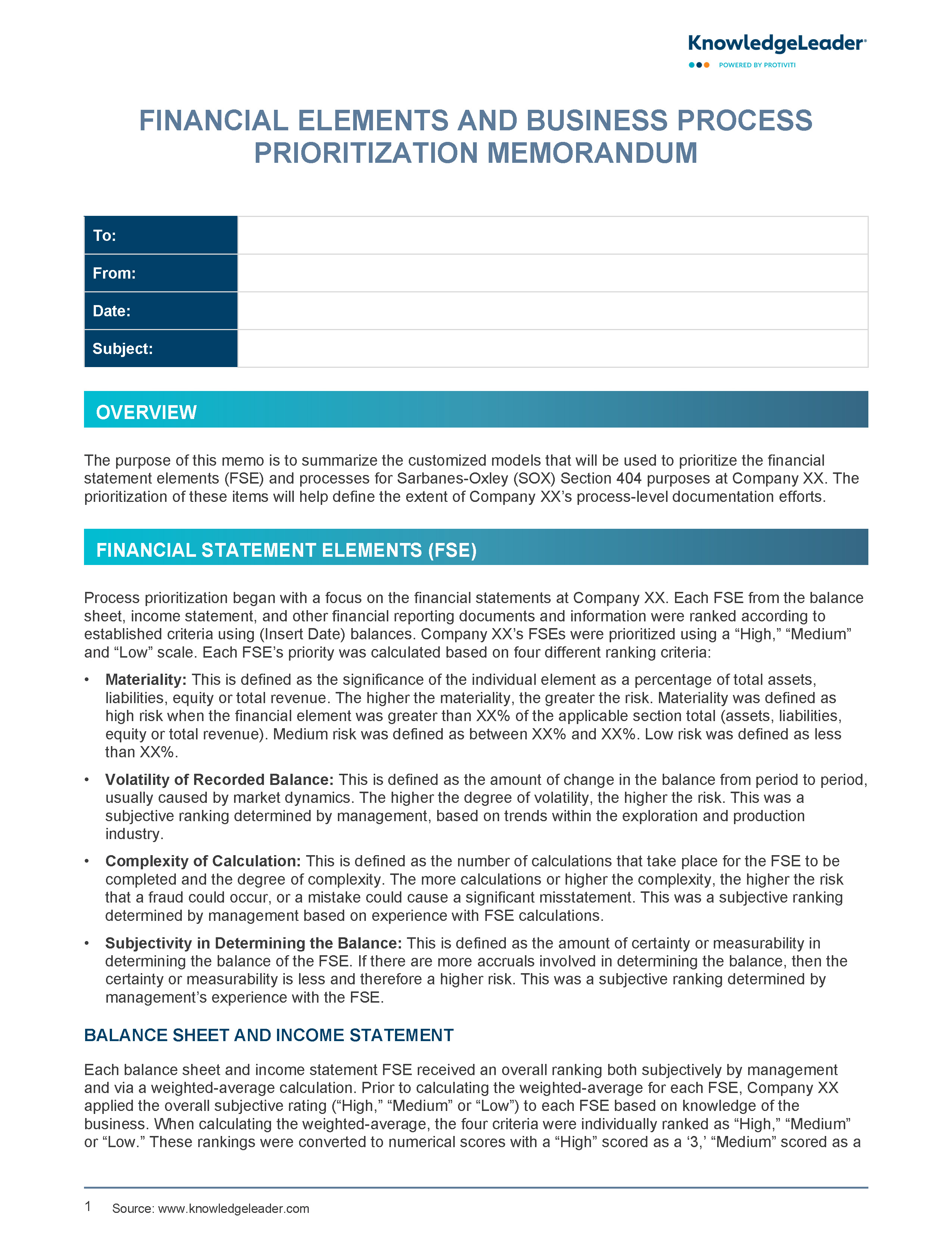 Screenshot of the first page of Financial Elements and Business Process Prioritization Memo