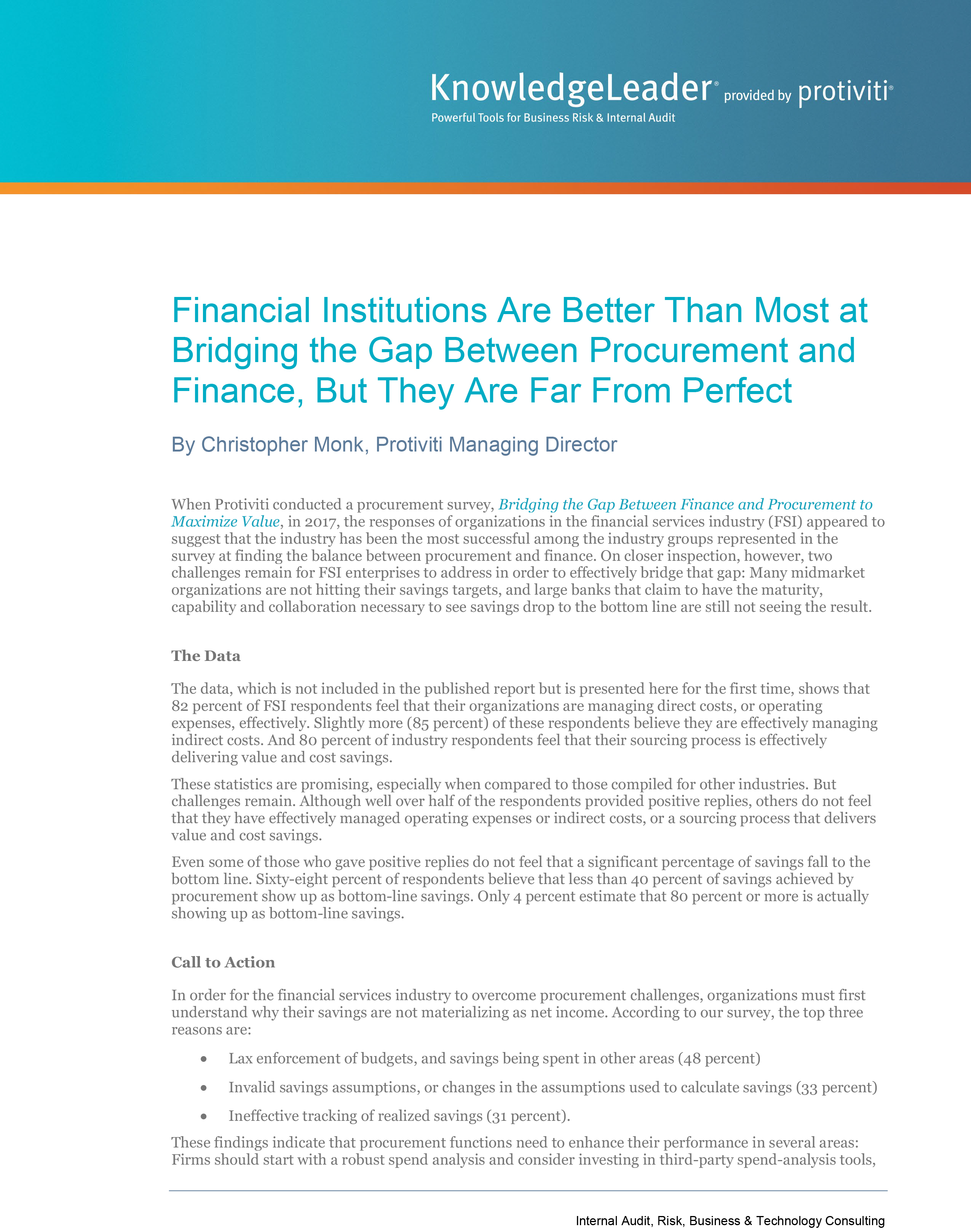 Screenshot of the first page of Financial Institutions Are Better Than Most at Bridging the Gap Between Procurement and Finance, But They Are Far From Perfect