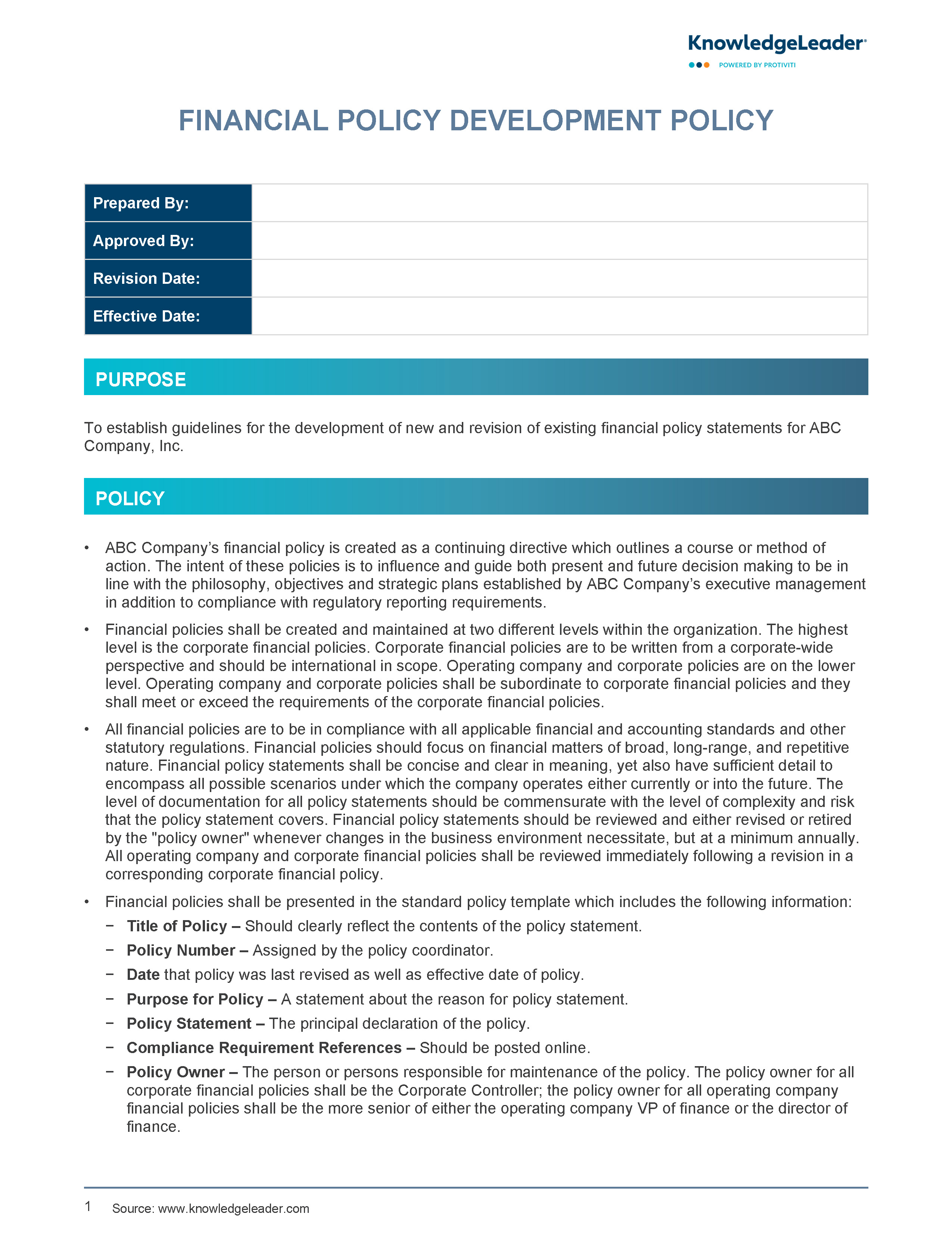 Screenshot of the first page of Financial Policy Development Policy
