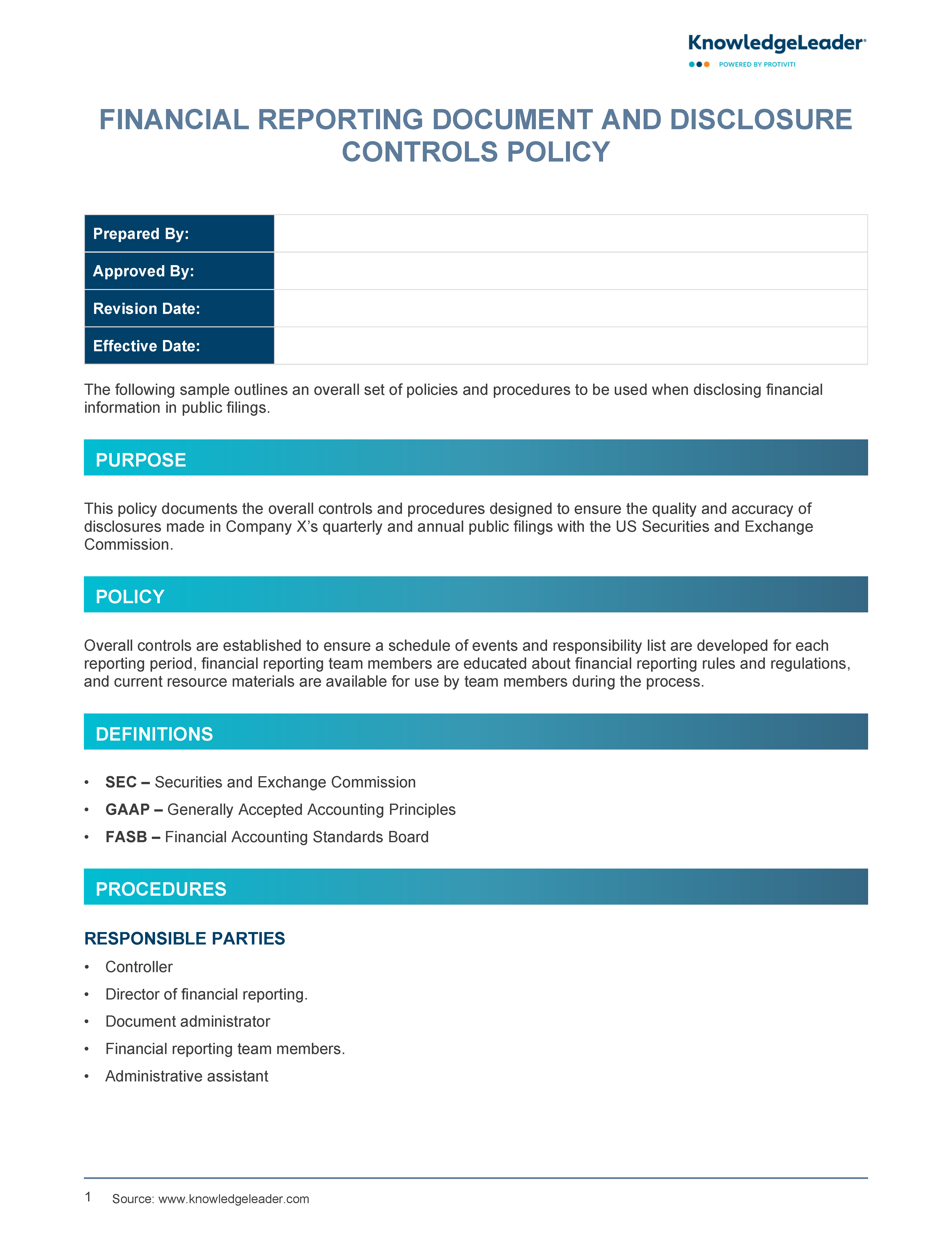 Screenshot of the first page of Financial Reporting Document and Disclosure Controls Policy