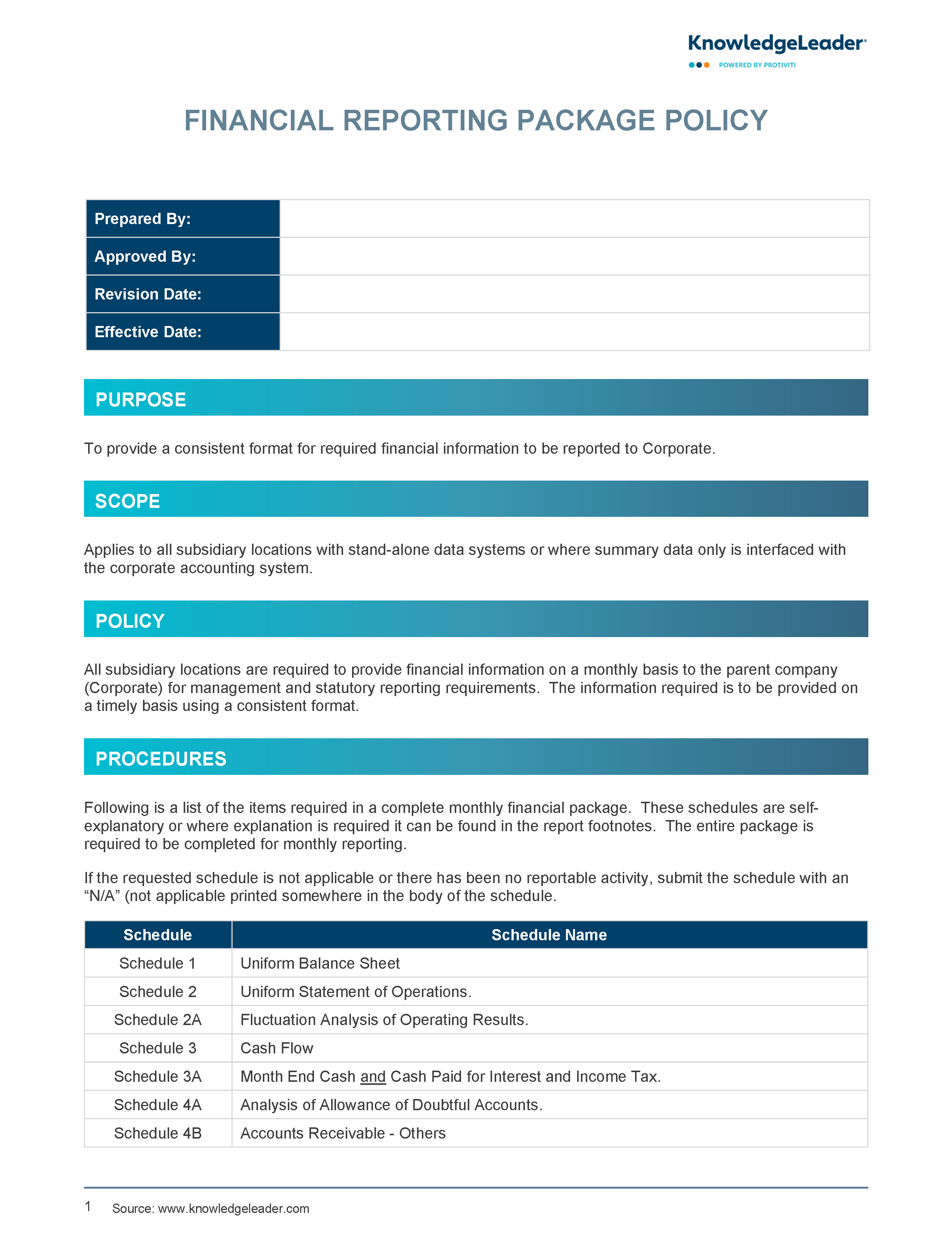 Screenshot of the first page of Financial Reporting Package Policy
