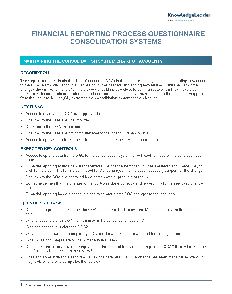 Screenshot of the first page of Financial Reporting Process Questionnaire Consolidation Systems