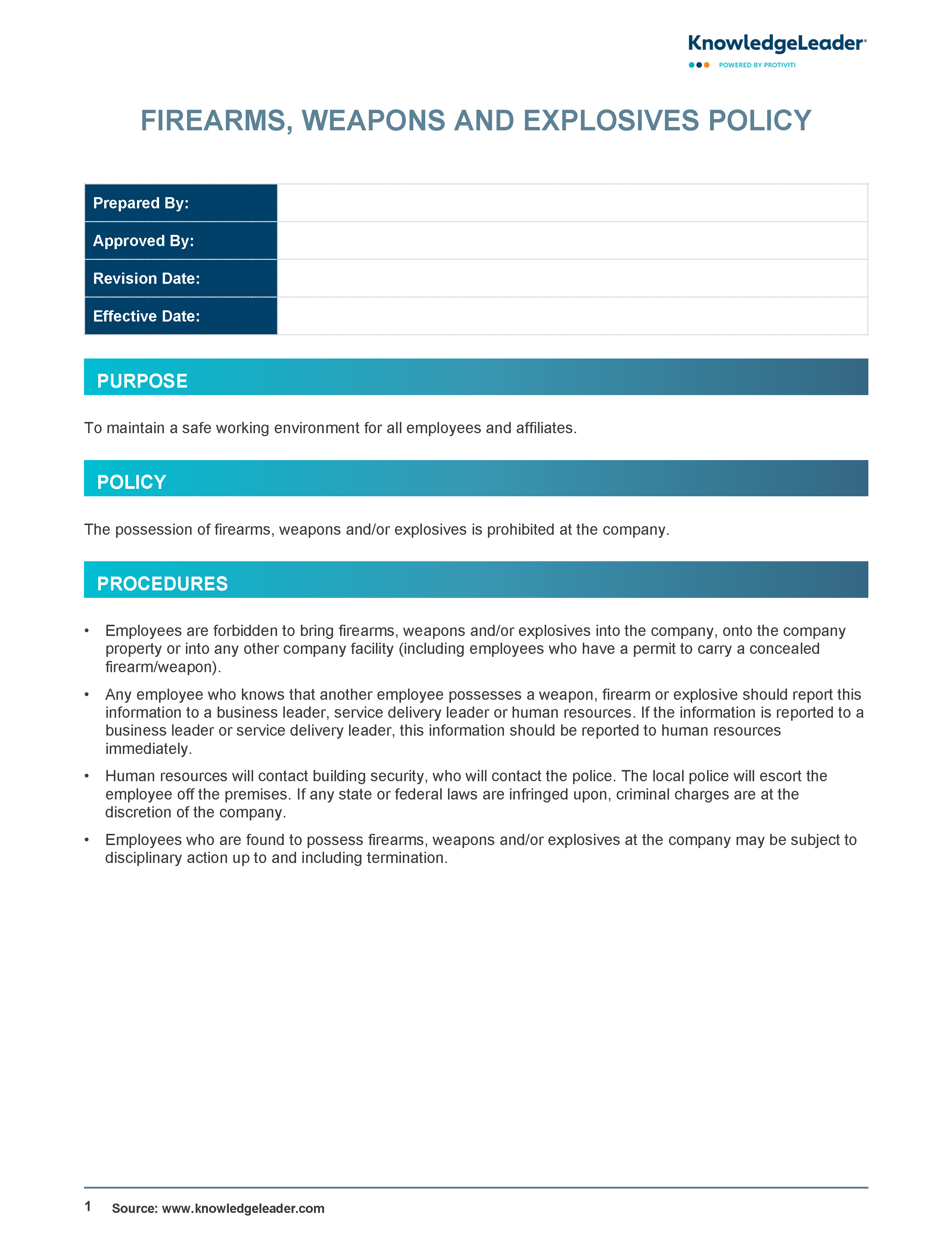 Screenshot of the first page of Firearms, Weapons and Explosives Policy
