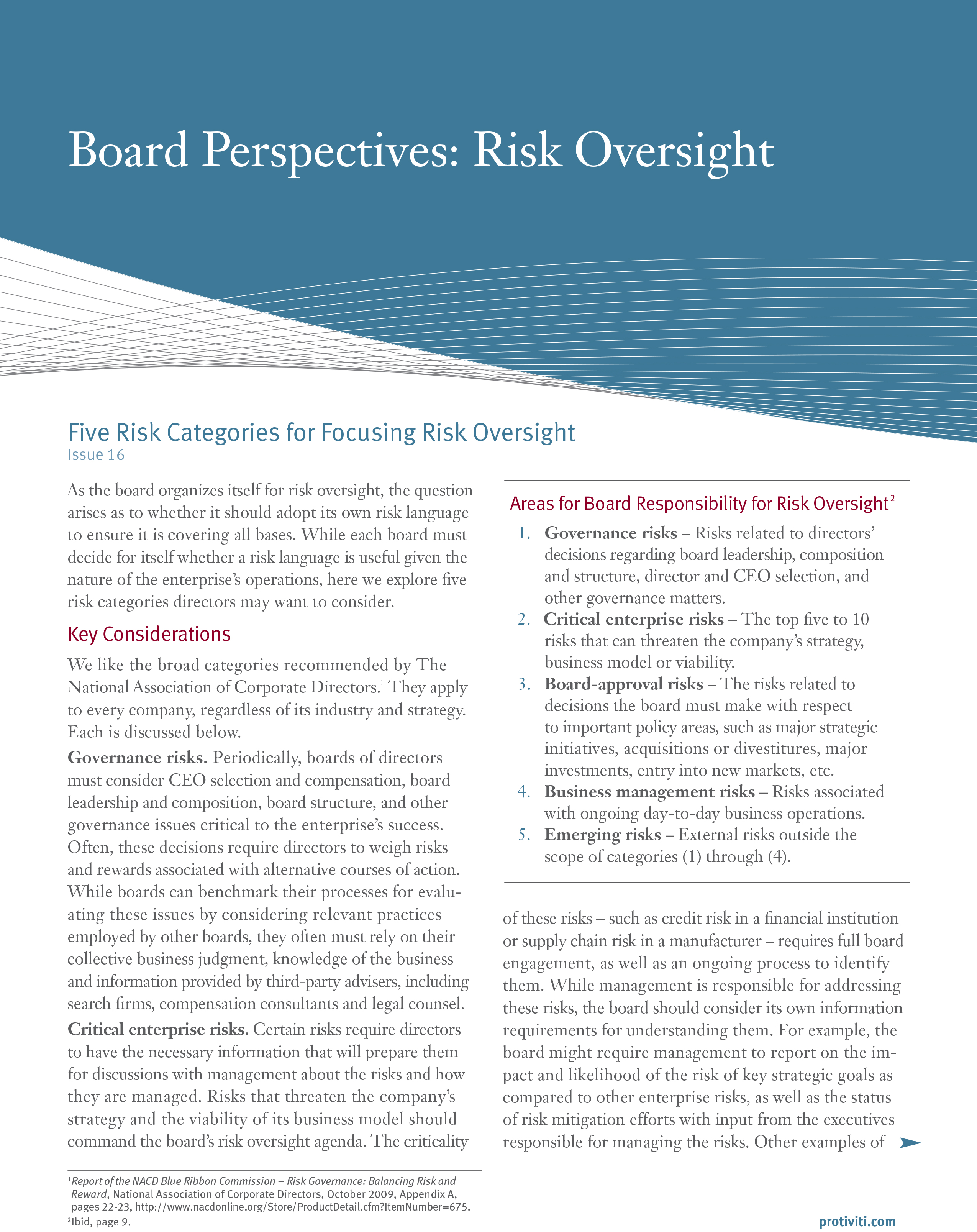 Screenshot of the first page of Five Risk Categories for Focusing Risk Oversight