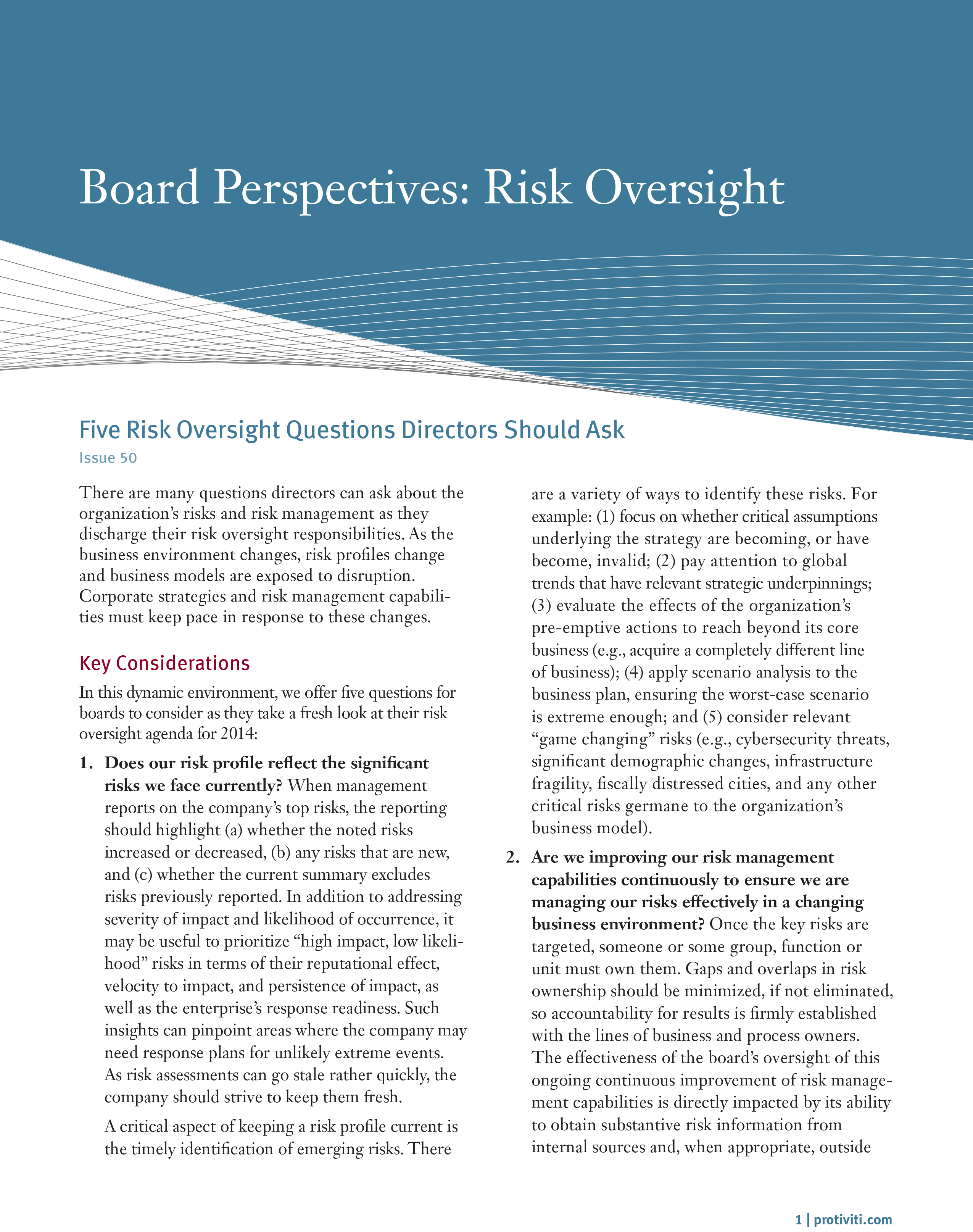 Screenshot of the first page of Five Risk Oversight Questions Directors Should Ask