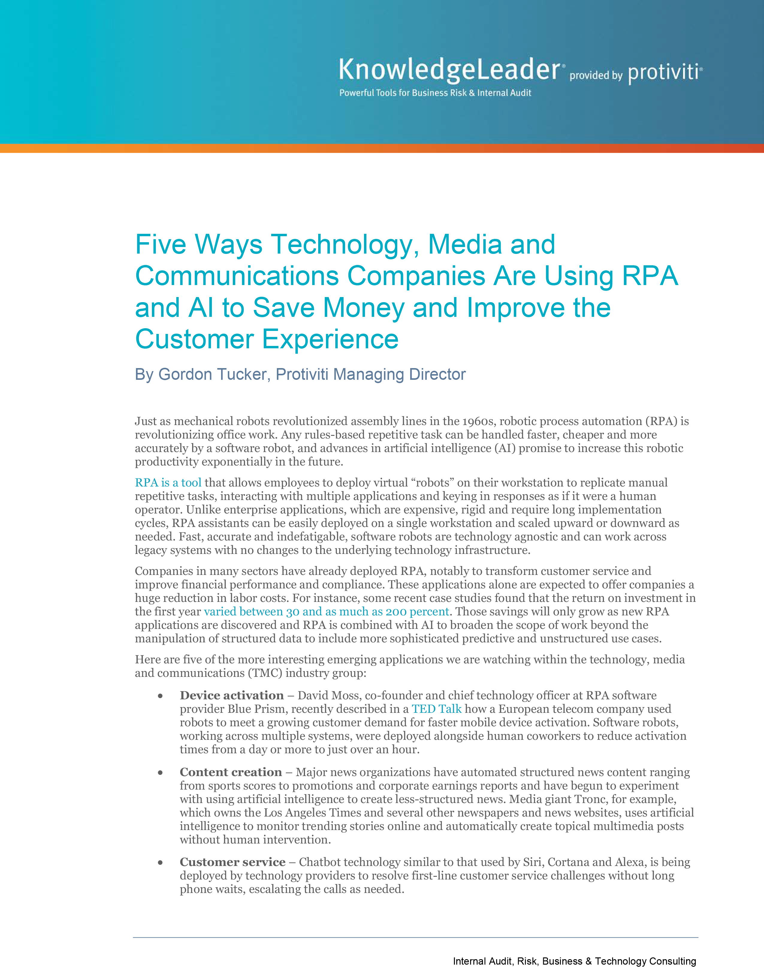 Screenshot of the first page of Five Ways Technology, Media and Communications Companies Are Using RPA and AI