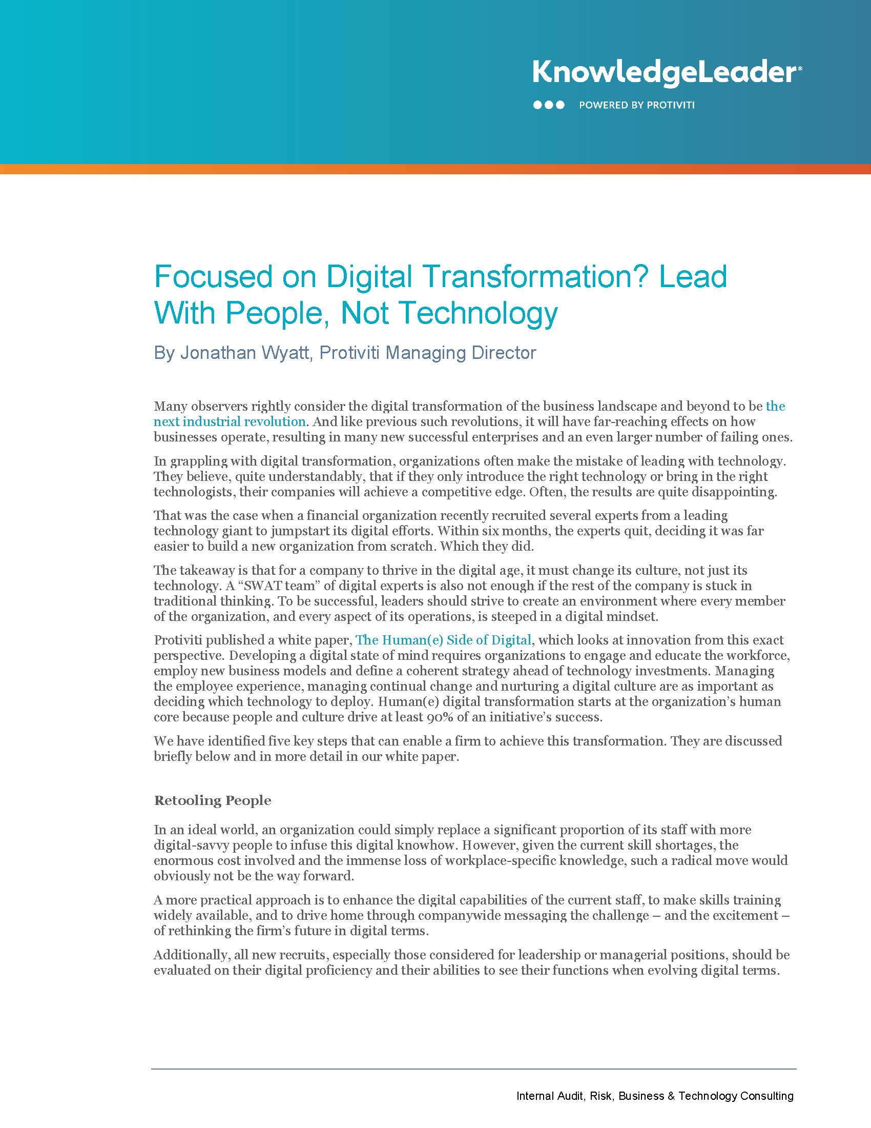 Screenshot of the first page of Focused on Digital Transformation Lead With People, Not Technology