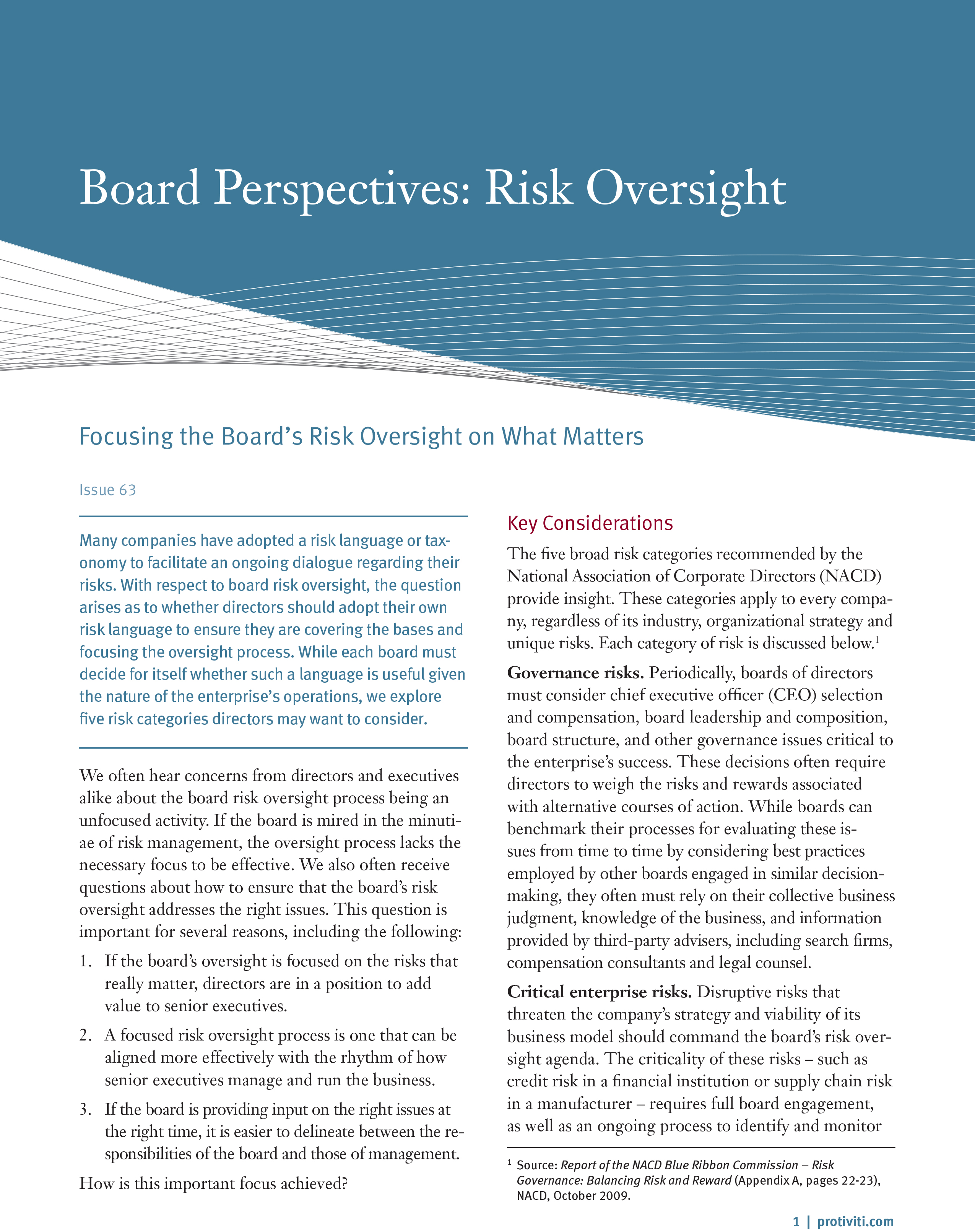 Screenshot of the first page of Focusing the Board’s Risk Oversight on What Matters