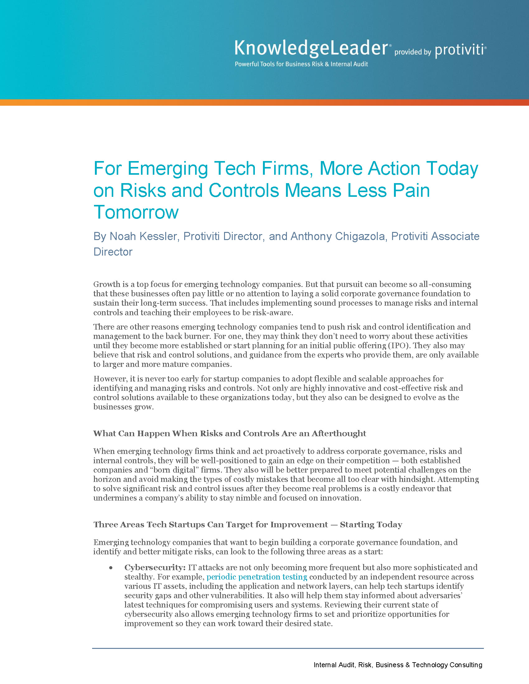 Screenshot of the first page of For Emerging Tech Firms, More Action Today on Risks and Controls Means Less Pain Tomorrow