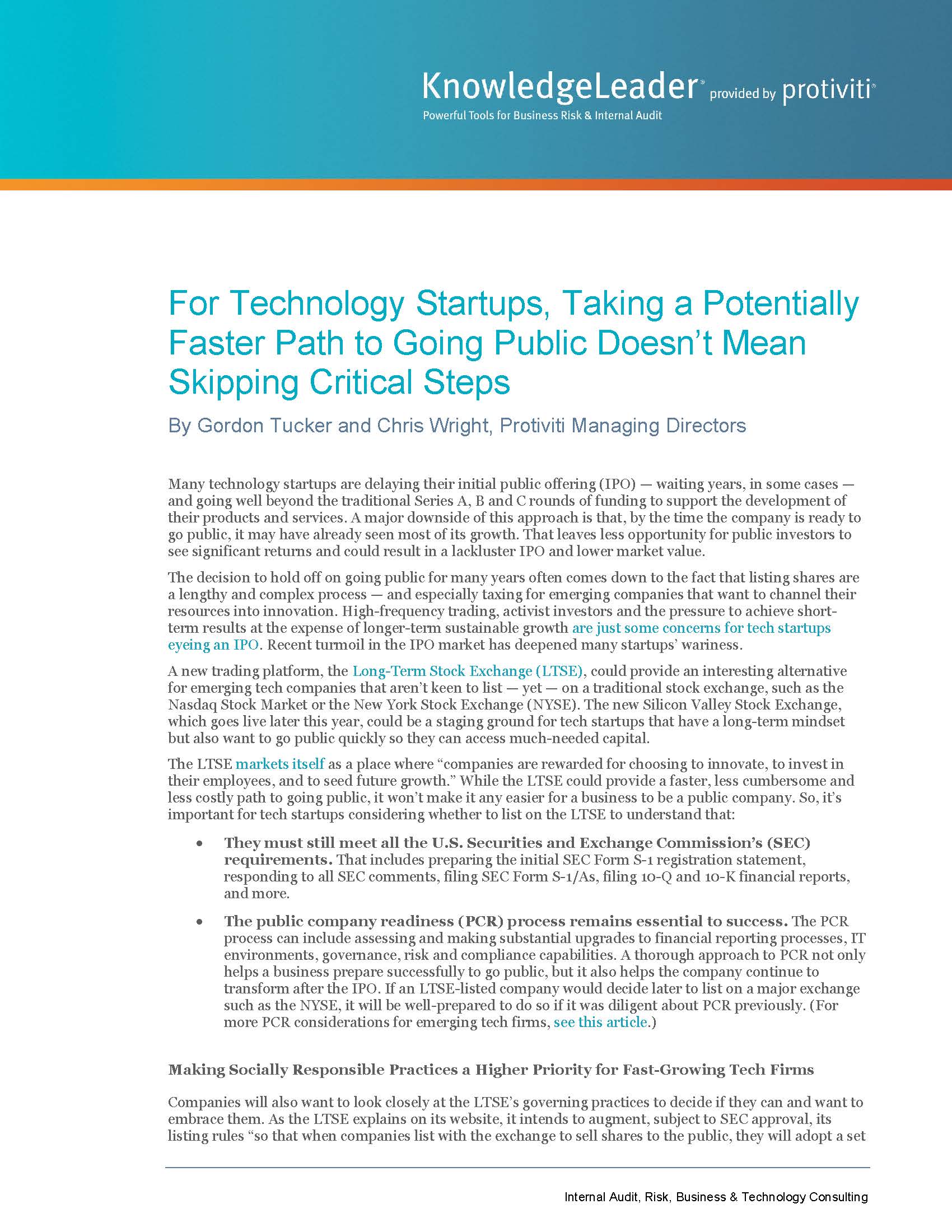 Screenshot of the first page of For Technology Startups, Taking a Potentially Faster Path to Going Public Doesn’t Mean Skipping Critical Steps