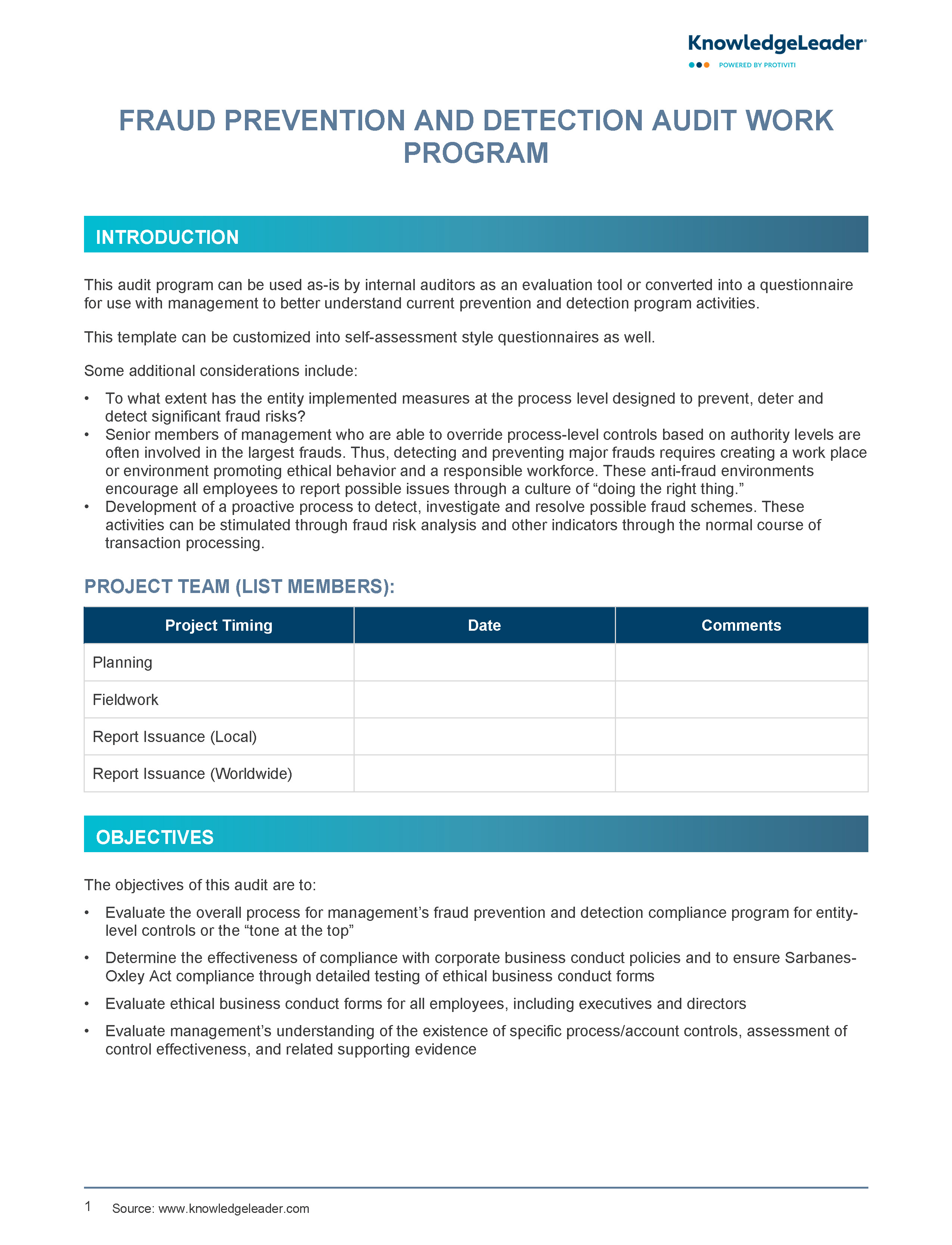 Screenshot of the first page of Fraud Prevention and Detection Audit Work Program