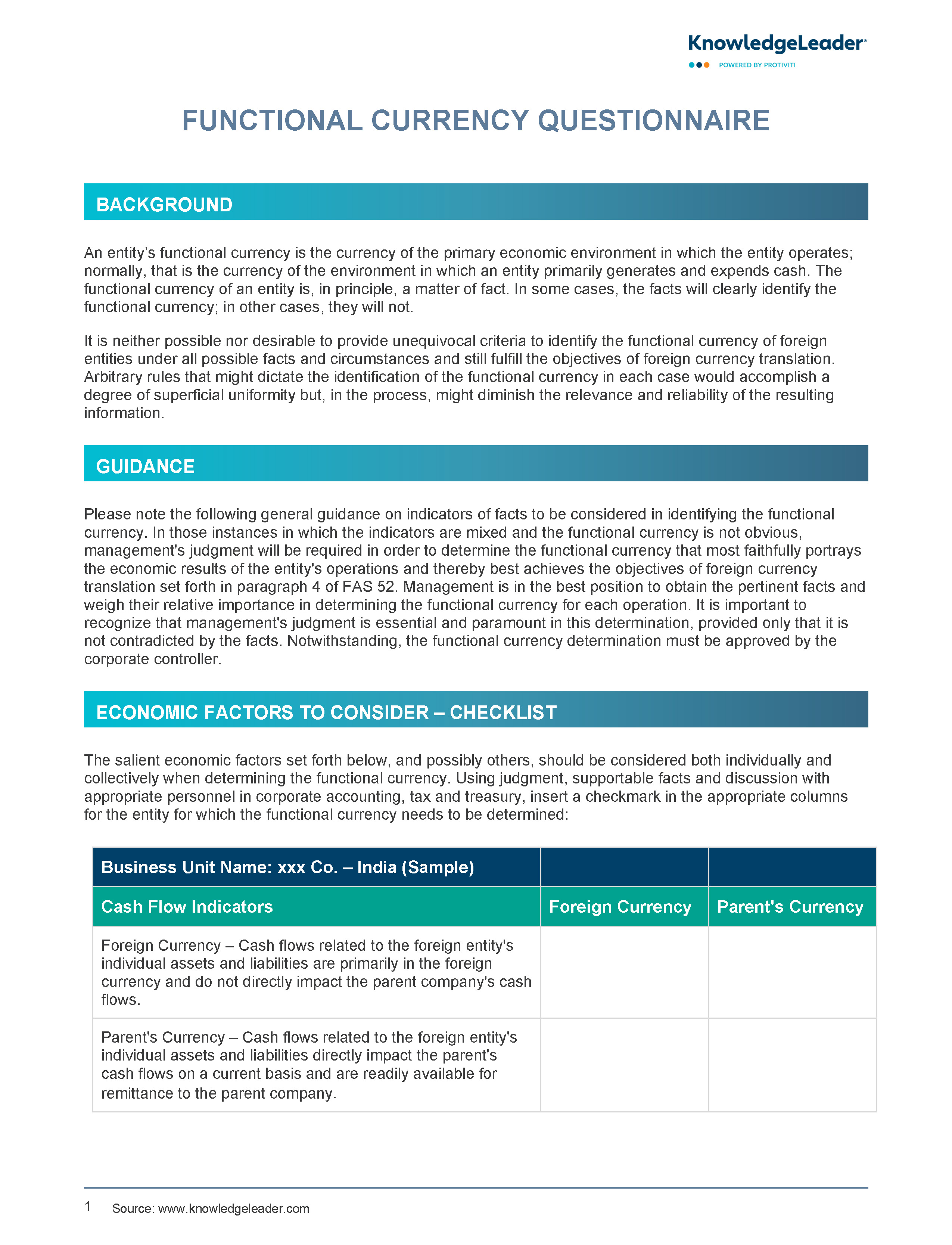 Screenshot of the first page of Functional Currency Questionnaire