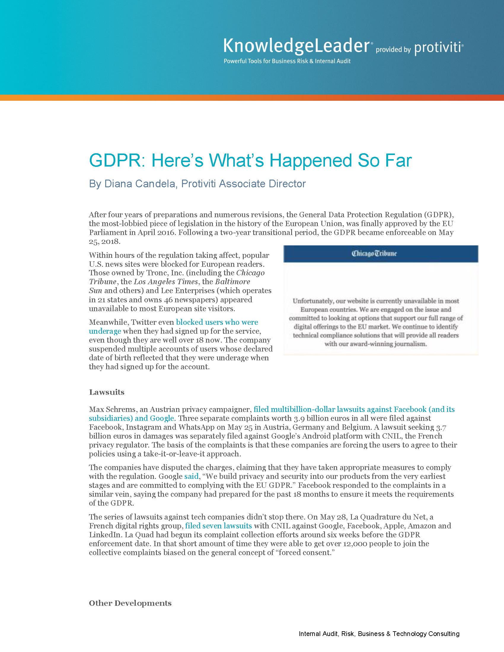 Screenshot of the first page of GDPR Here’s What’s Happened So Far