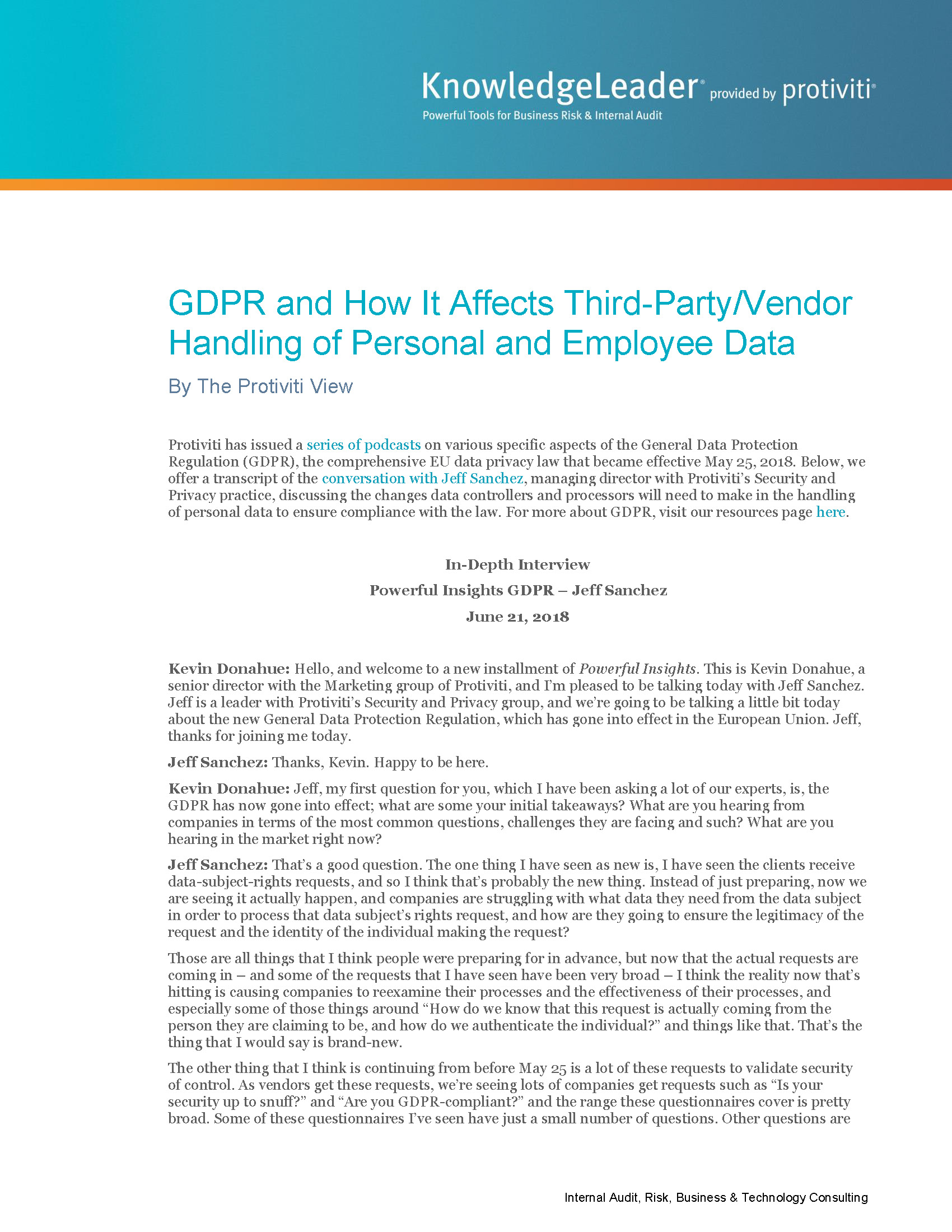 Screenshot of the first page of GDPR and How It Affects Third-Party Vendor Handling of Personal and Employee Data