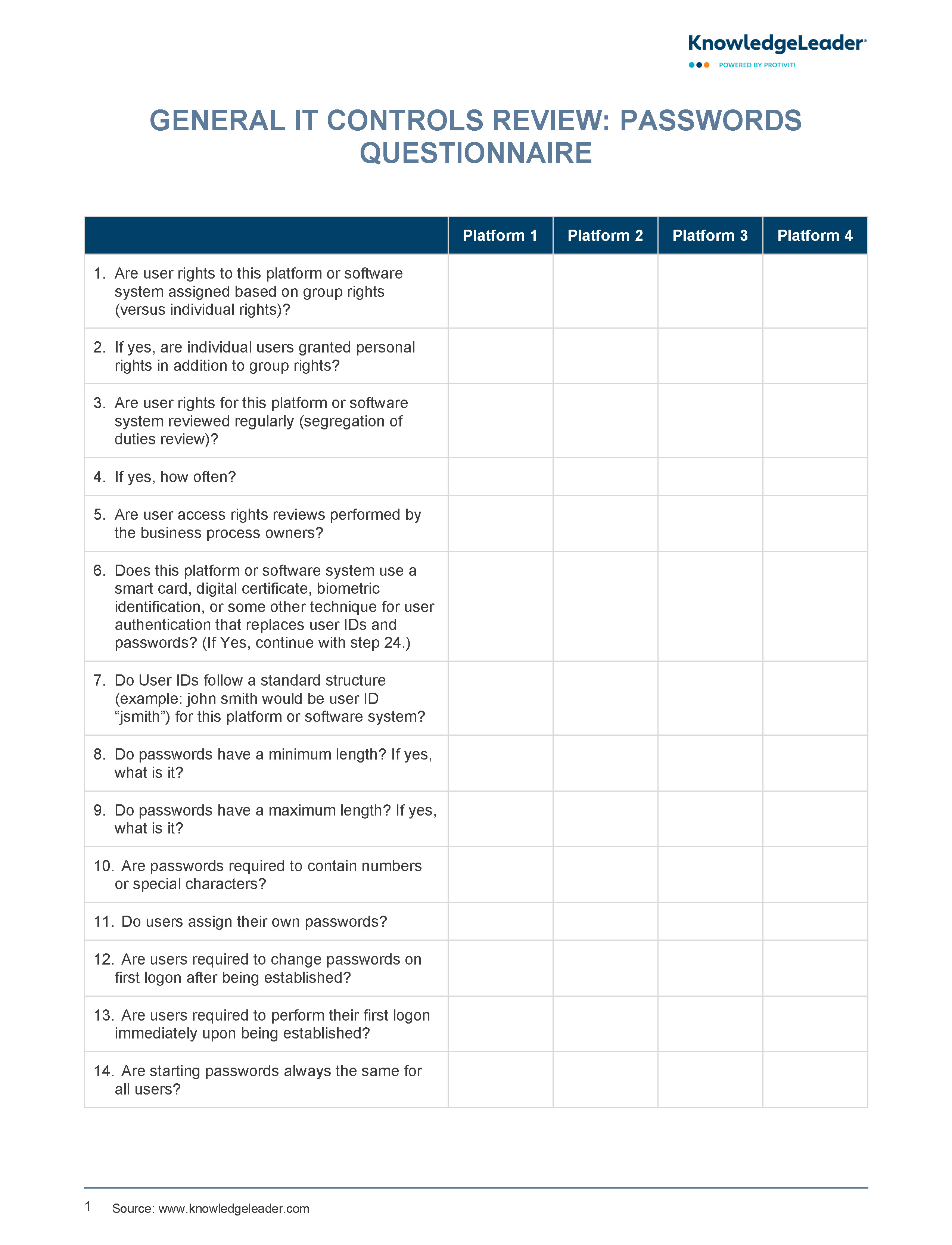 Screenshot of the first page of General IT Controls Review Password Questionnaire