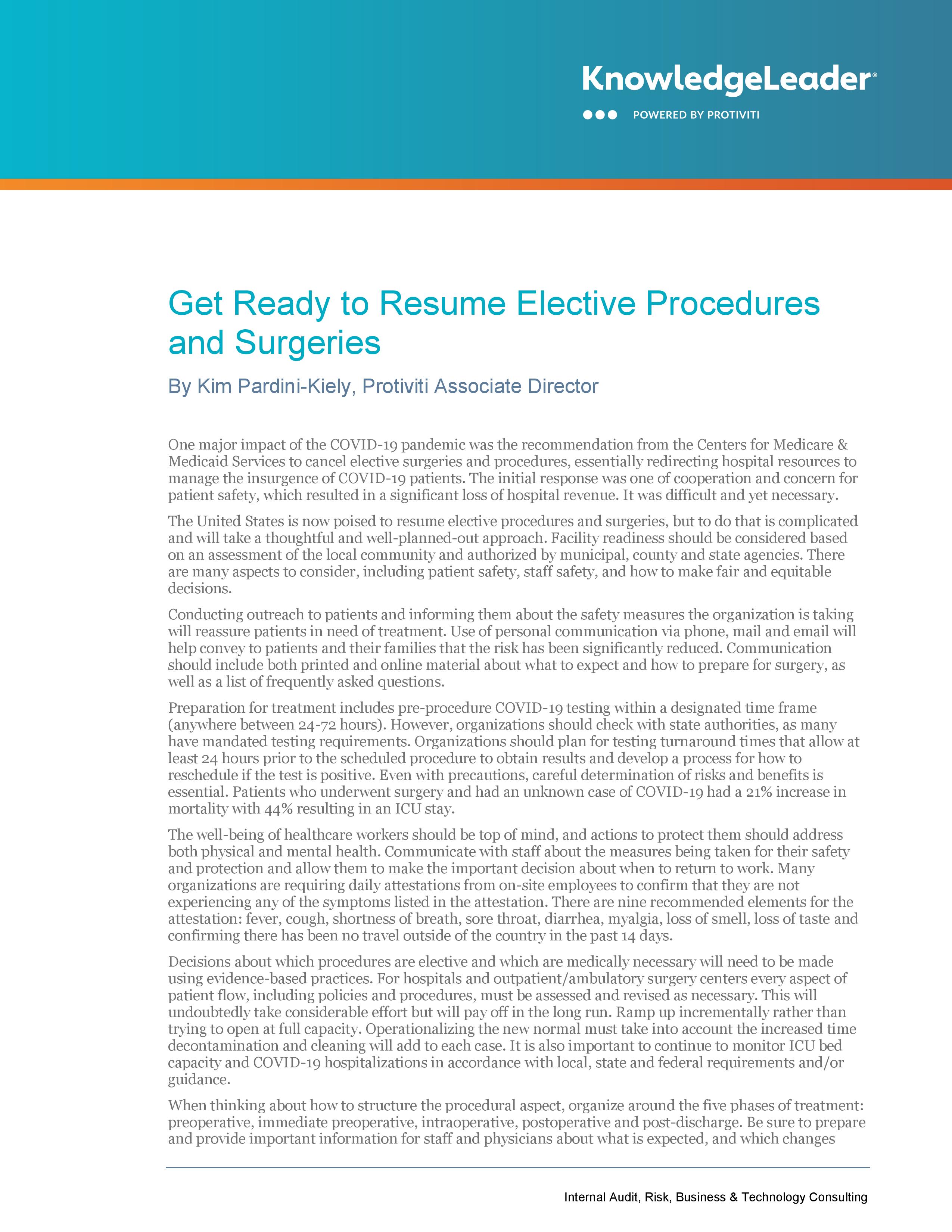 Screenshot of the first page of Get Ready to Resume Elective Procedures and Surgeries