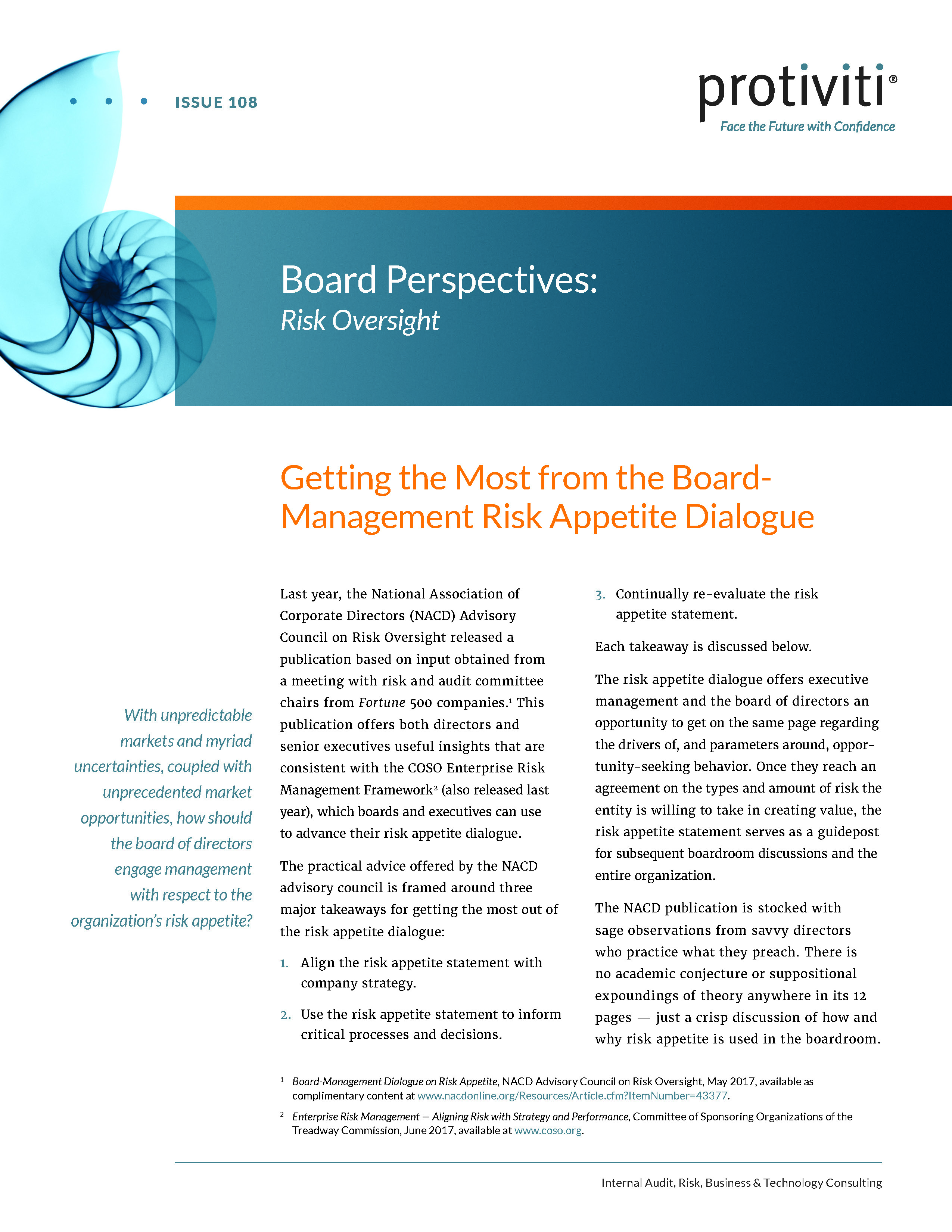 Screenshot of the first page of Getting the Most from the Board-Management Risk Appetite Dialogue – Board Perspectives Risk Oversight, Issue 108