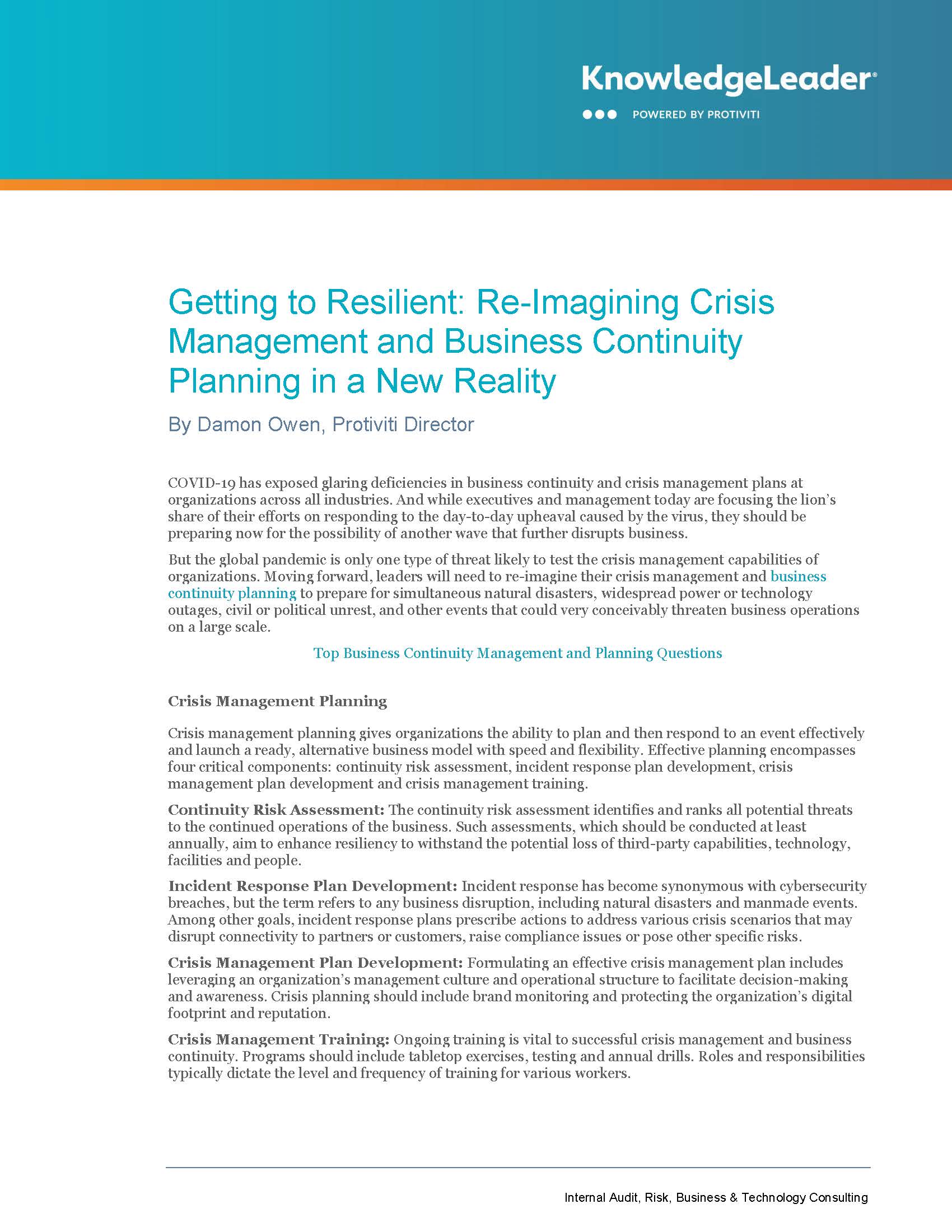 Screenshot of the first page of Getting to Resilient Re-Imagining Crisis Management and Business Continuity Planning in a New Reality.