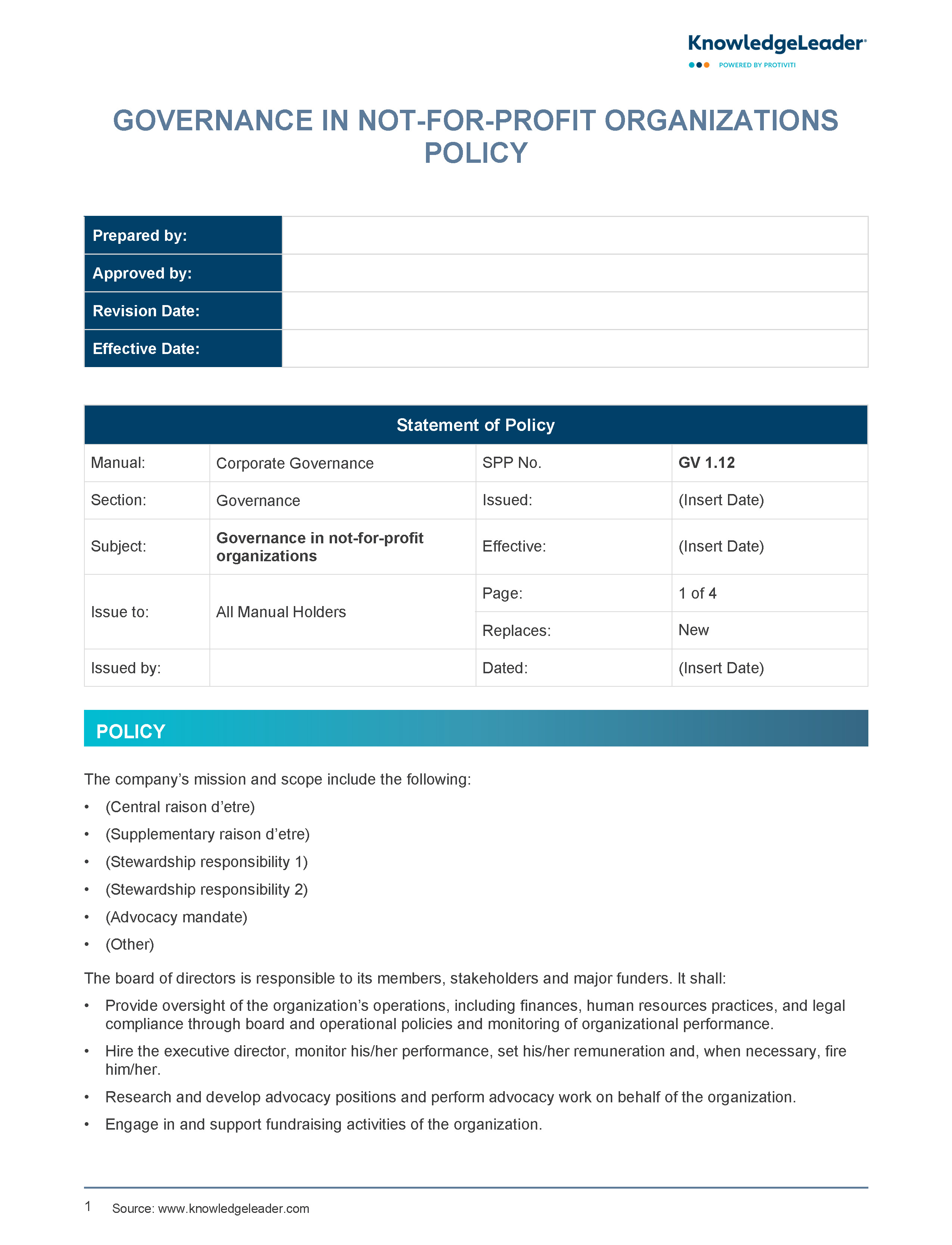 Screenshot of the first page of Governance in Not-For-Profit Organizations Policy