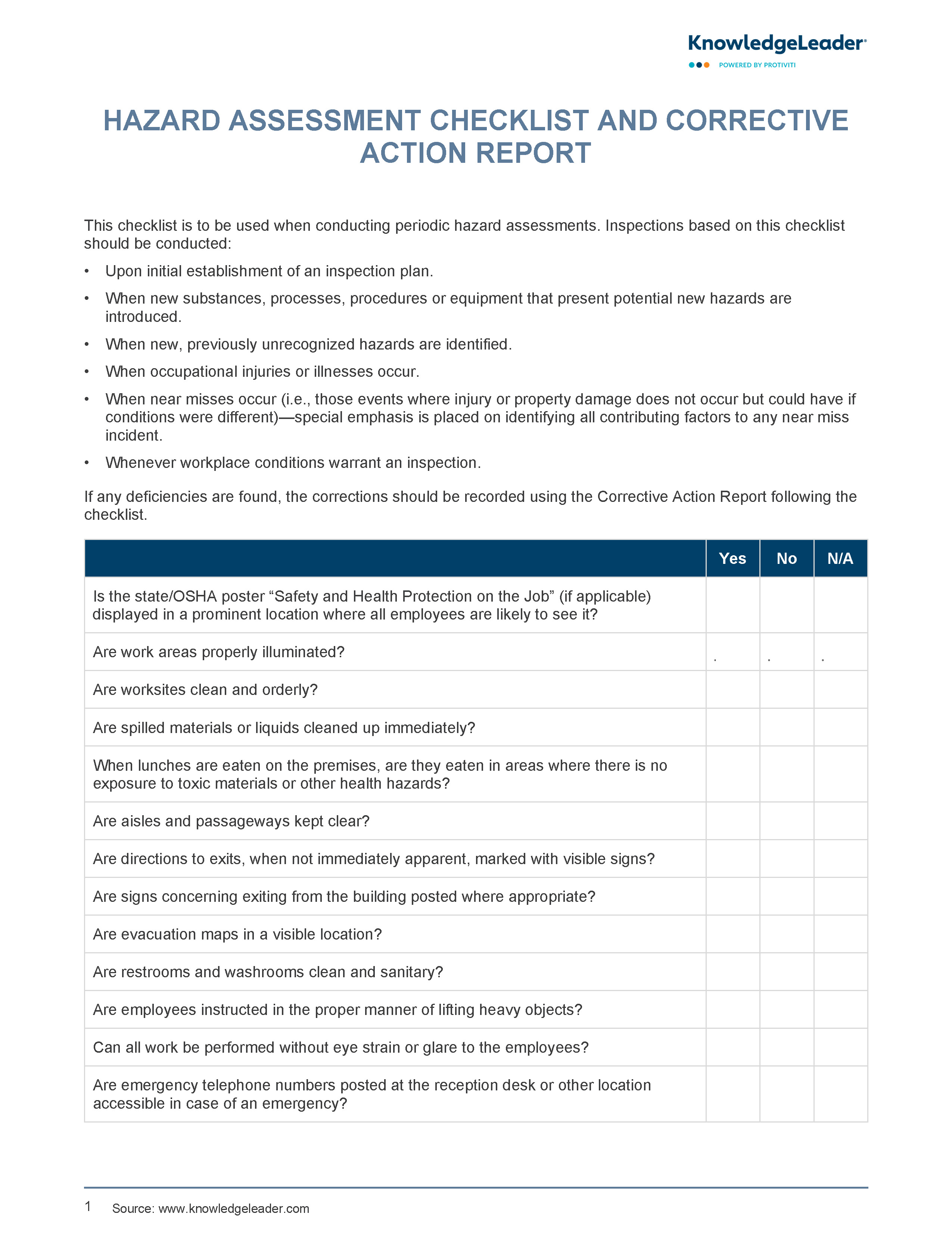 Screenshot of the first page of Hazard Assessment Checklist and Corrective Action Report