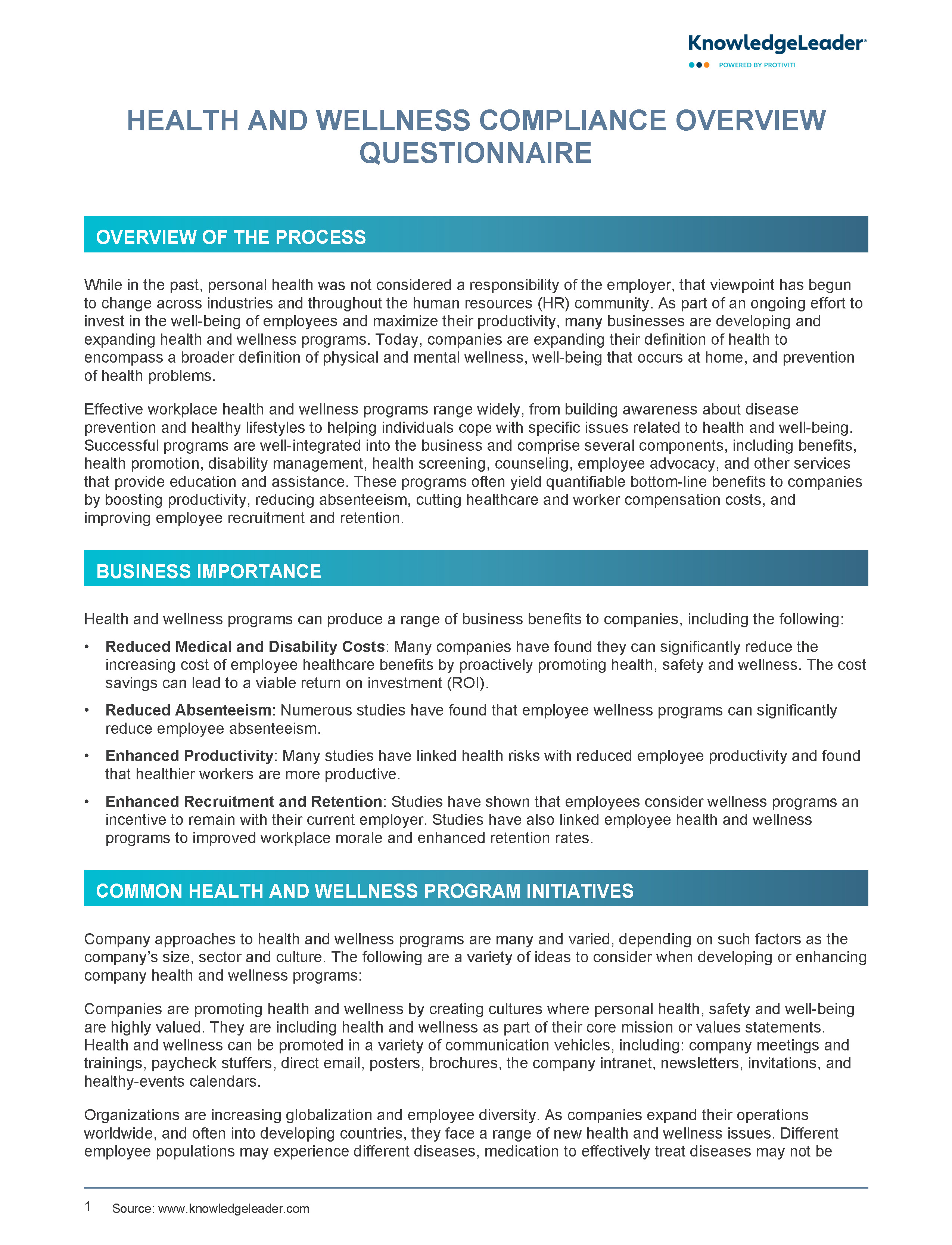 Screenshot of the first page of Health and Wellness Compliance Overview Questionnaire