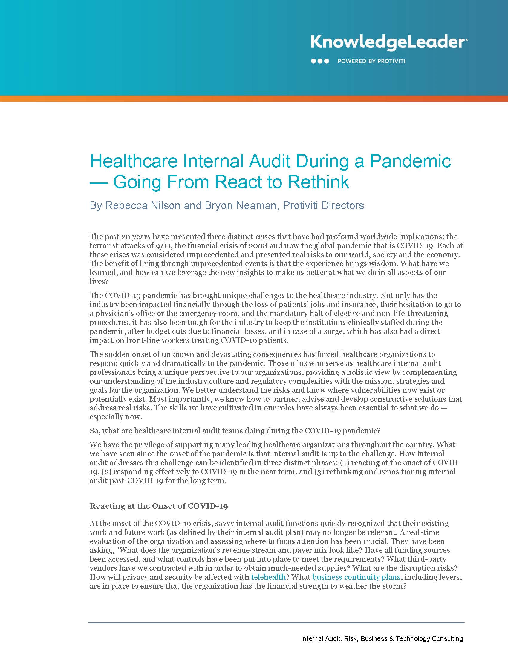 Screenshot of the first page of Healthcare Internal Audit During a Pandemic — Going From React to Rethink