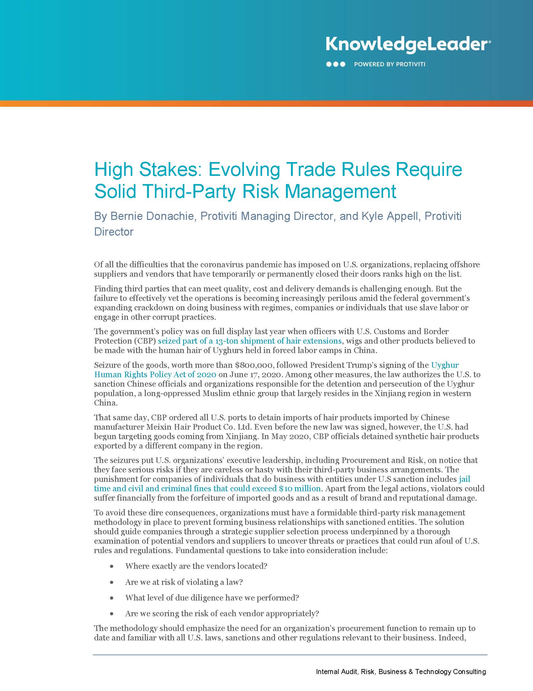 Screenshot of the first page of High Stakes: Evolving Trade Rules Require Solid Third-Party Risk Management