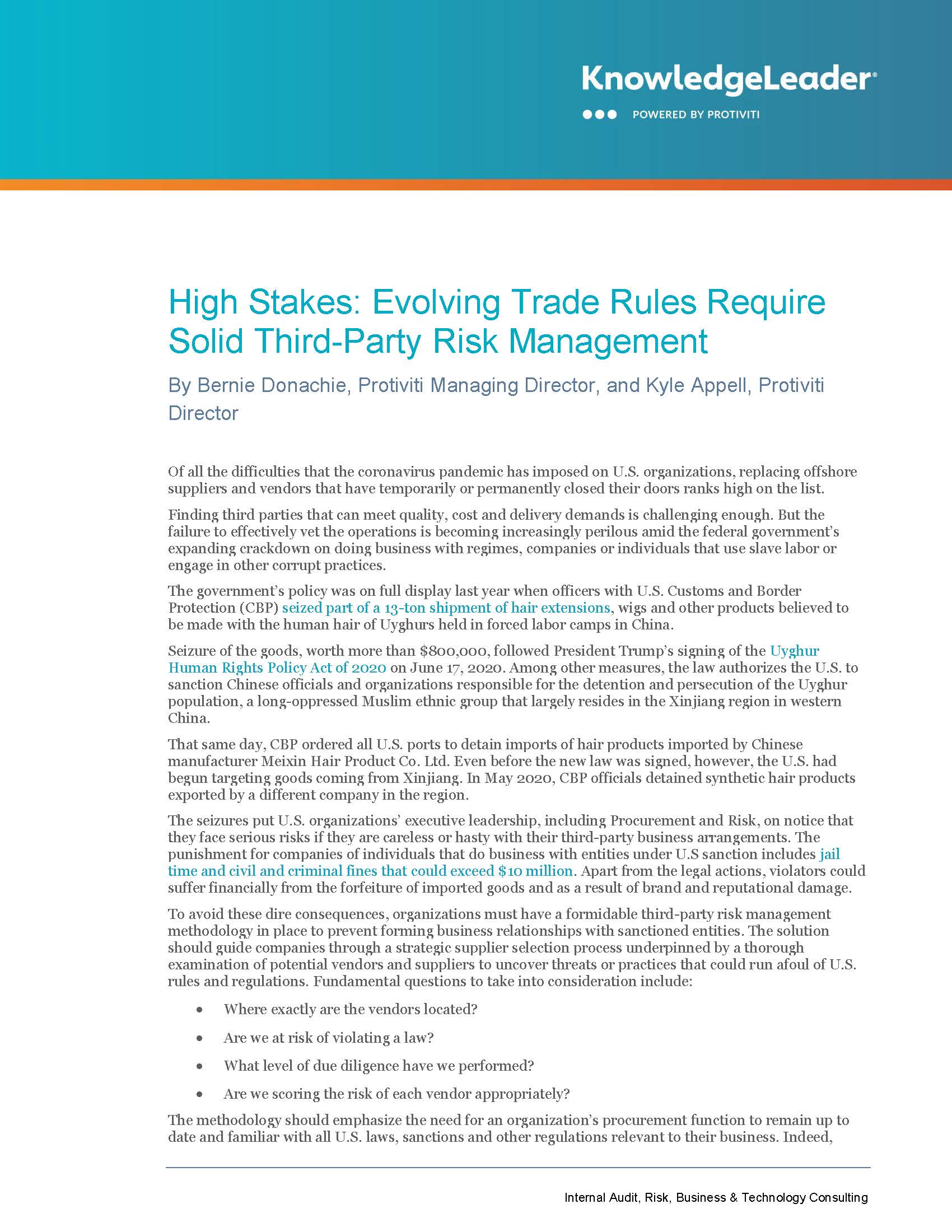 Screenshot of the first page of High Stakes: Evolving Trade Rules Require Solid Third-Party Risk Management