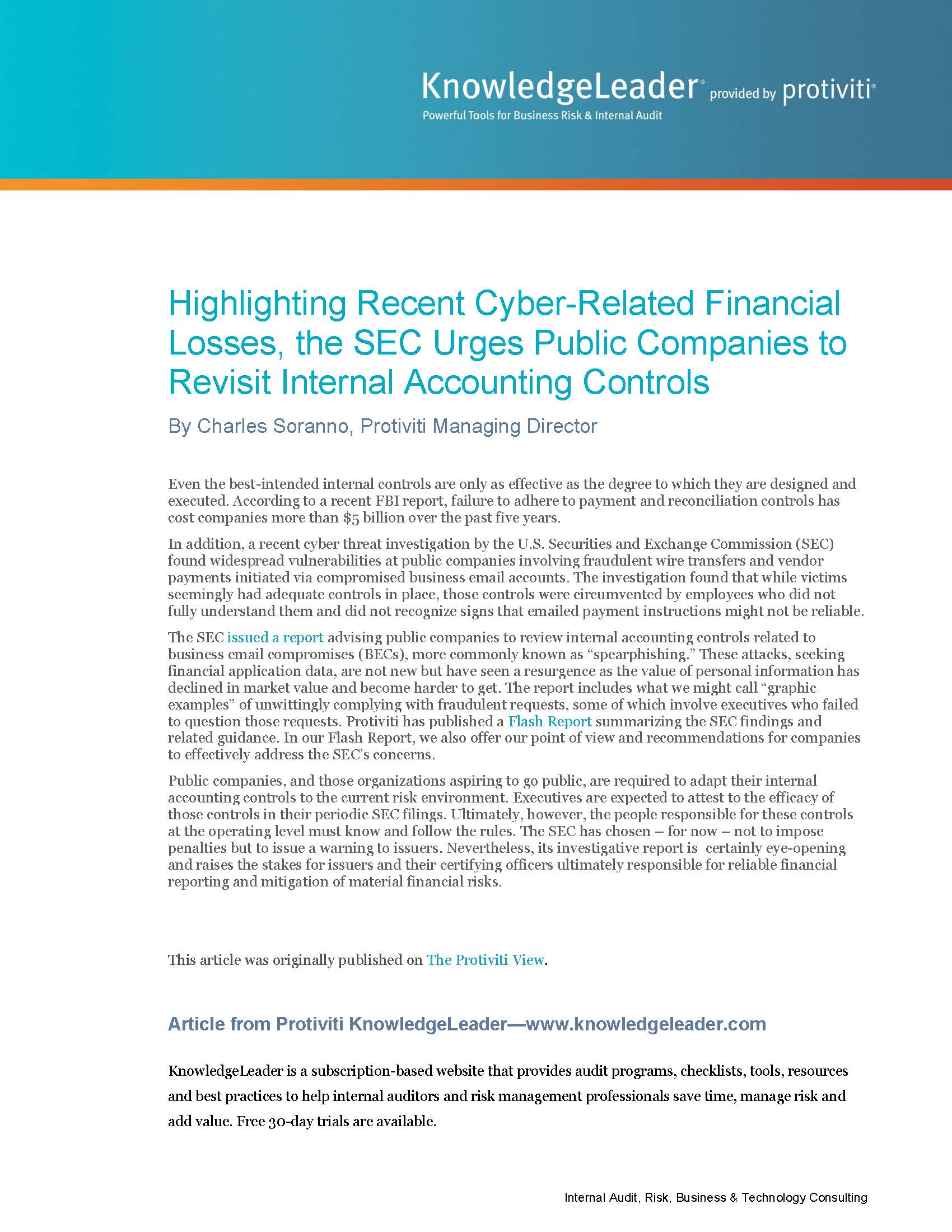 Screenshot of the first page of Highlighting Recent Cyber-Related Financial Losses, the SEC Urges Public Companies to Revisit Internal Accounting Controls