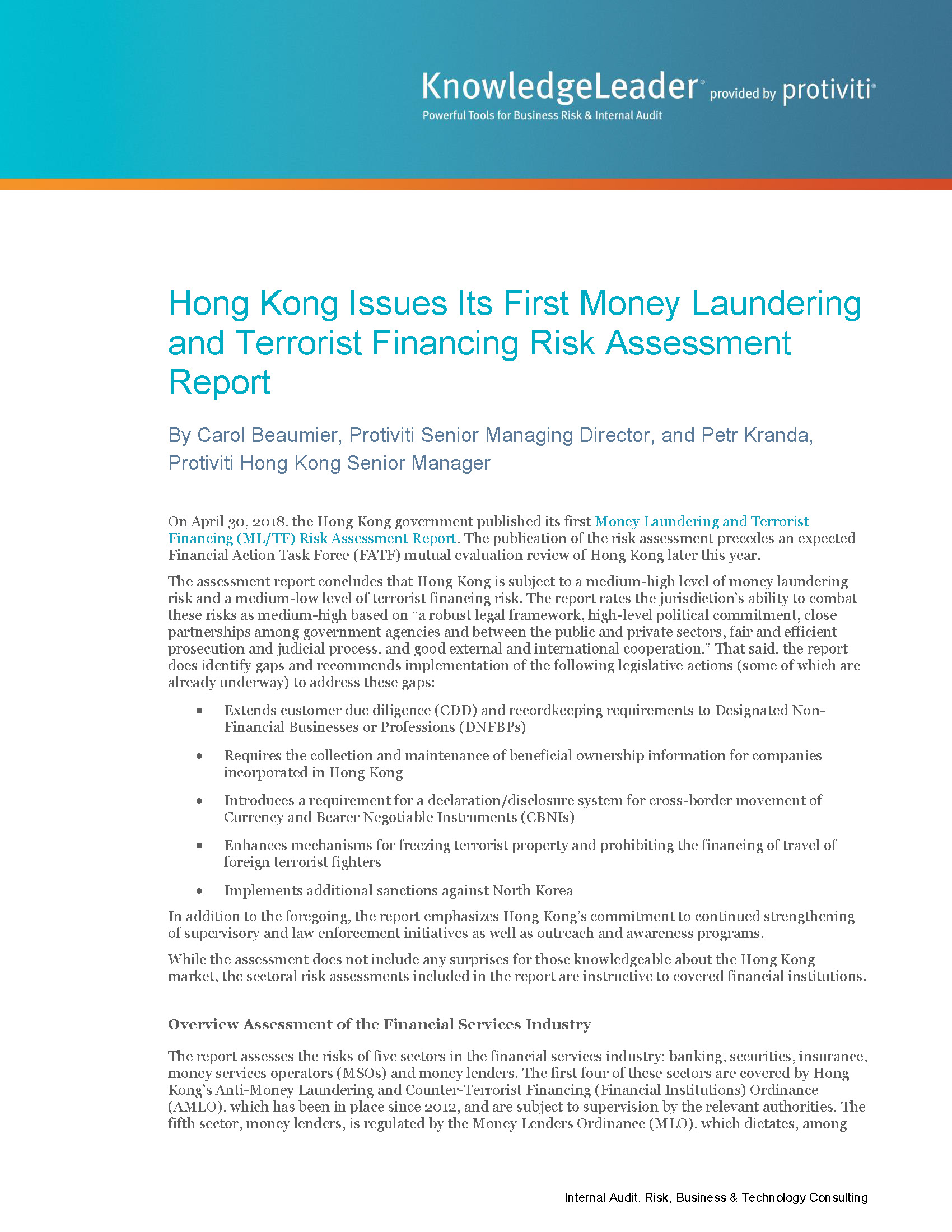 Screenshot of the first page of Hong Kong Issues Its First Money Laundering and Terrorist Financing Risk Assessment Report