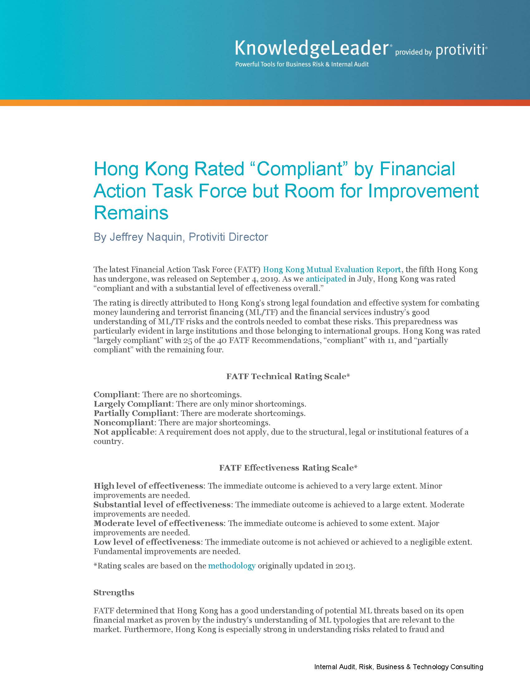 Screenshot of the first page of Hong Kong Rated ‘‘Compliant’’ by Financial Action Task Force but Room for Improvement Remains