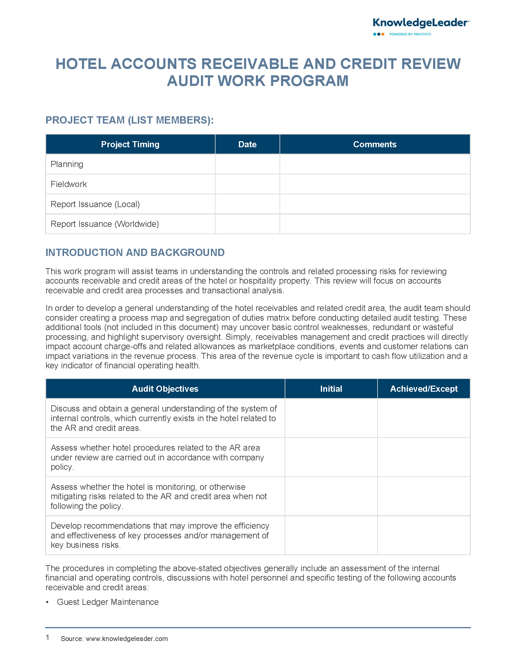 Screenshot of the first page of Hotel Accounts Receivable and Credit Review Audit Work Program