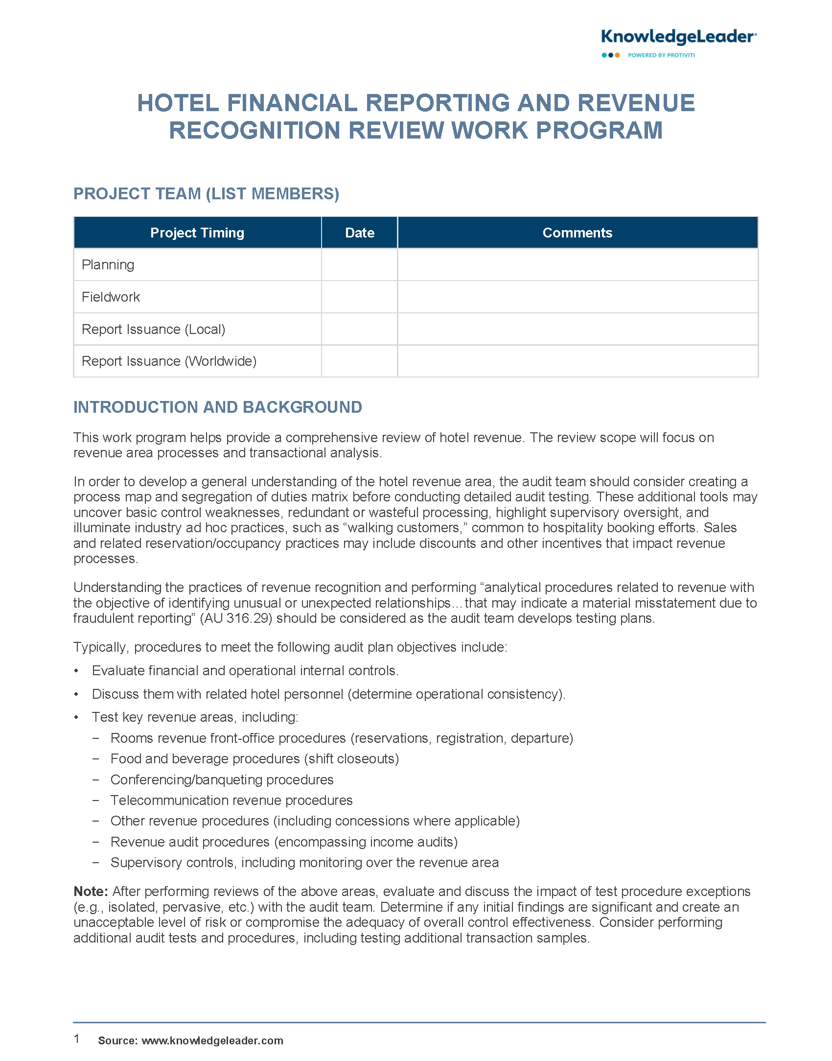 Screenshot of the first page of Hotel Financial Reporting and Revenue Recognition Audit Work Program