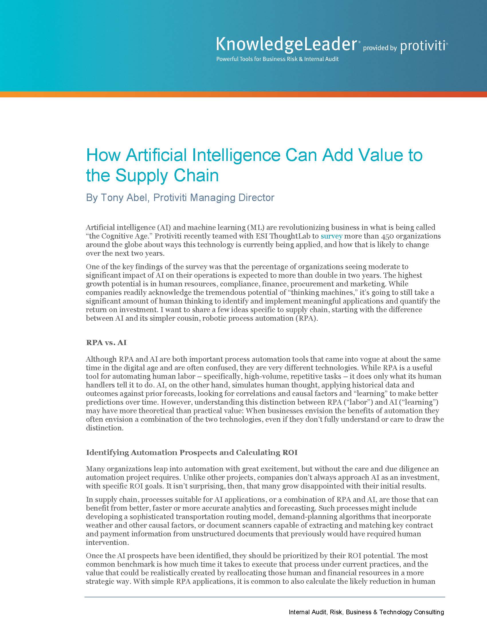 Screenshot of the first page of How Artificial Intelligence Can Add Value to the Supply Chain