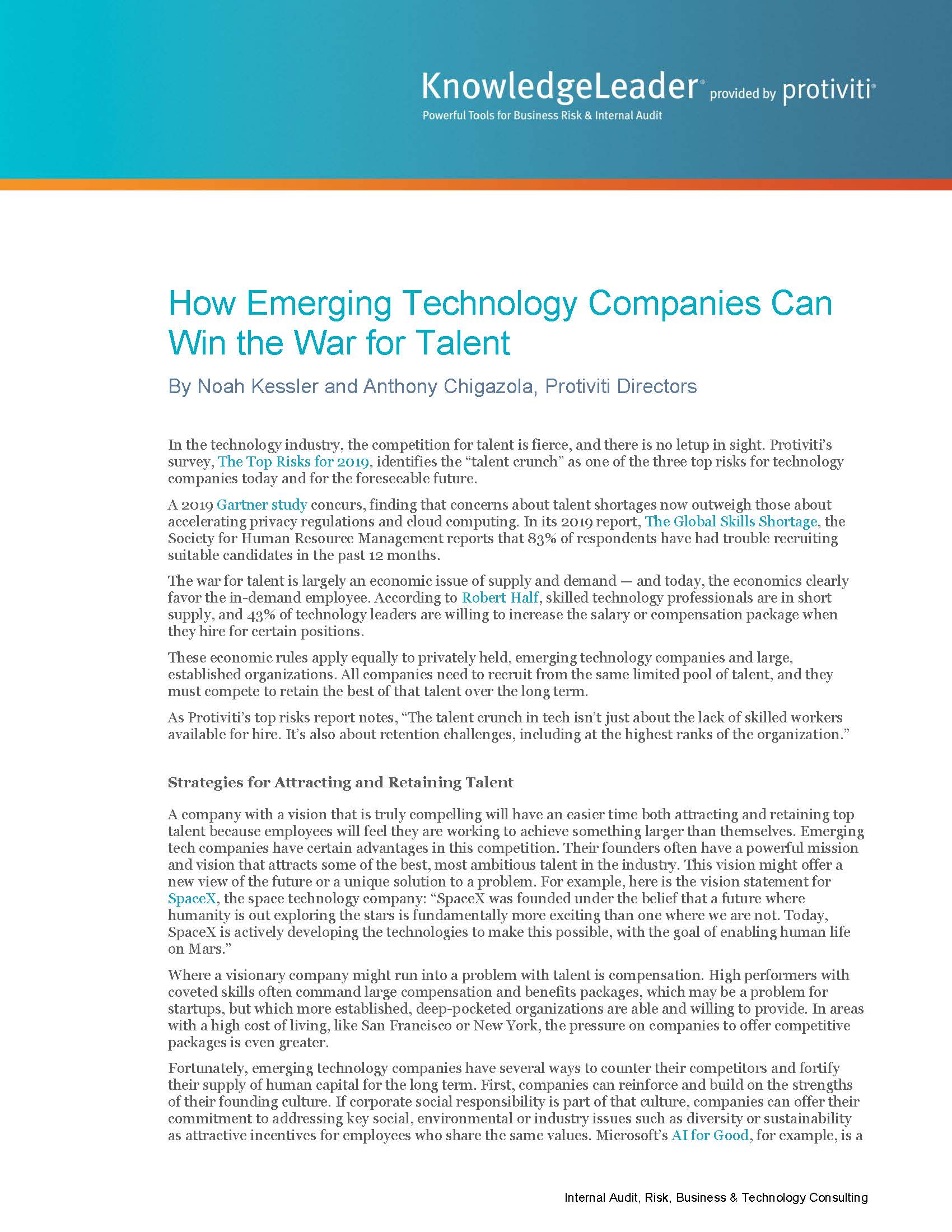 Screenshot of the first page of How Emerging Technology Companies Can Win the War for Talent