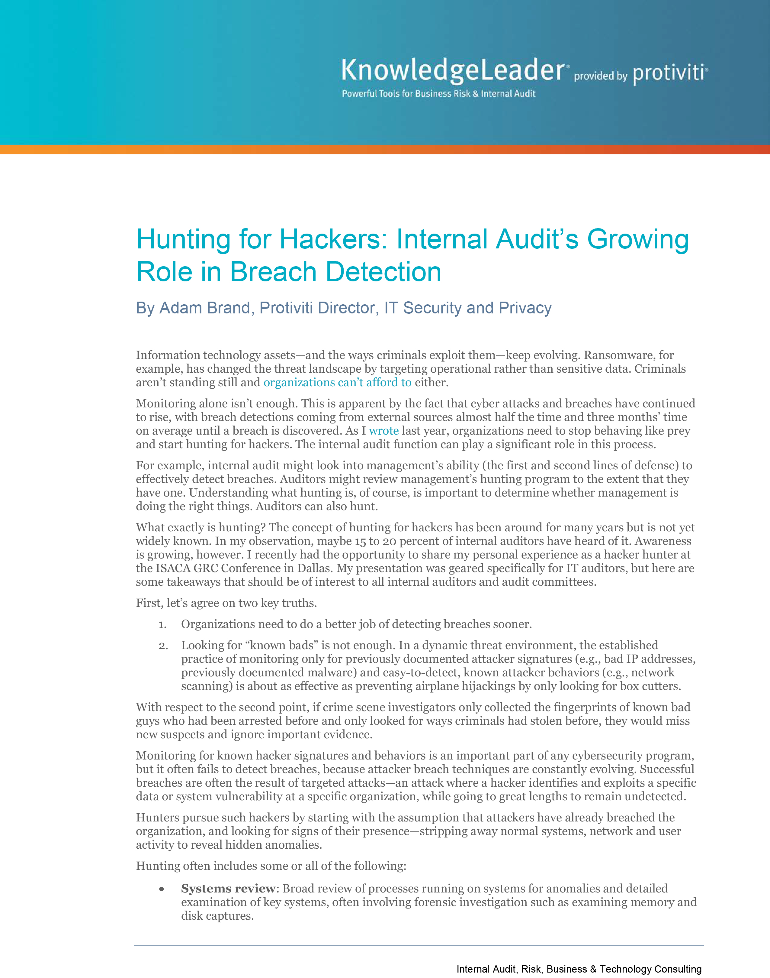 Screenshot of the first page of Hunting for Hackers - Internal Audit’s Growing Role in Breach Detection