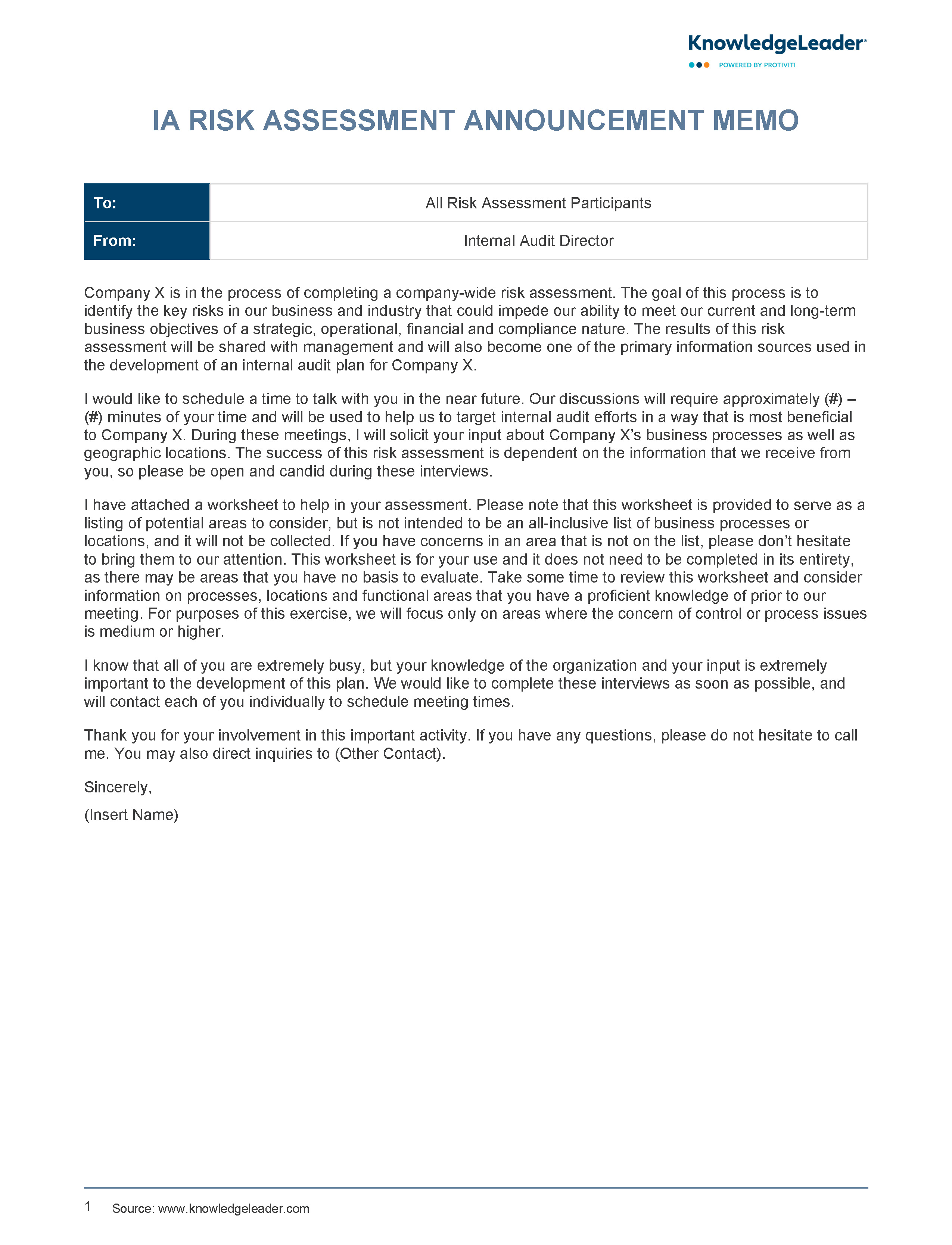 Screenshot of the first page of IA Risk Assessment Announcement Memo