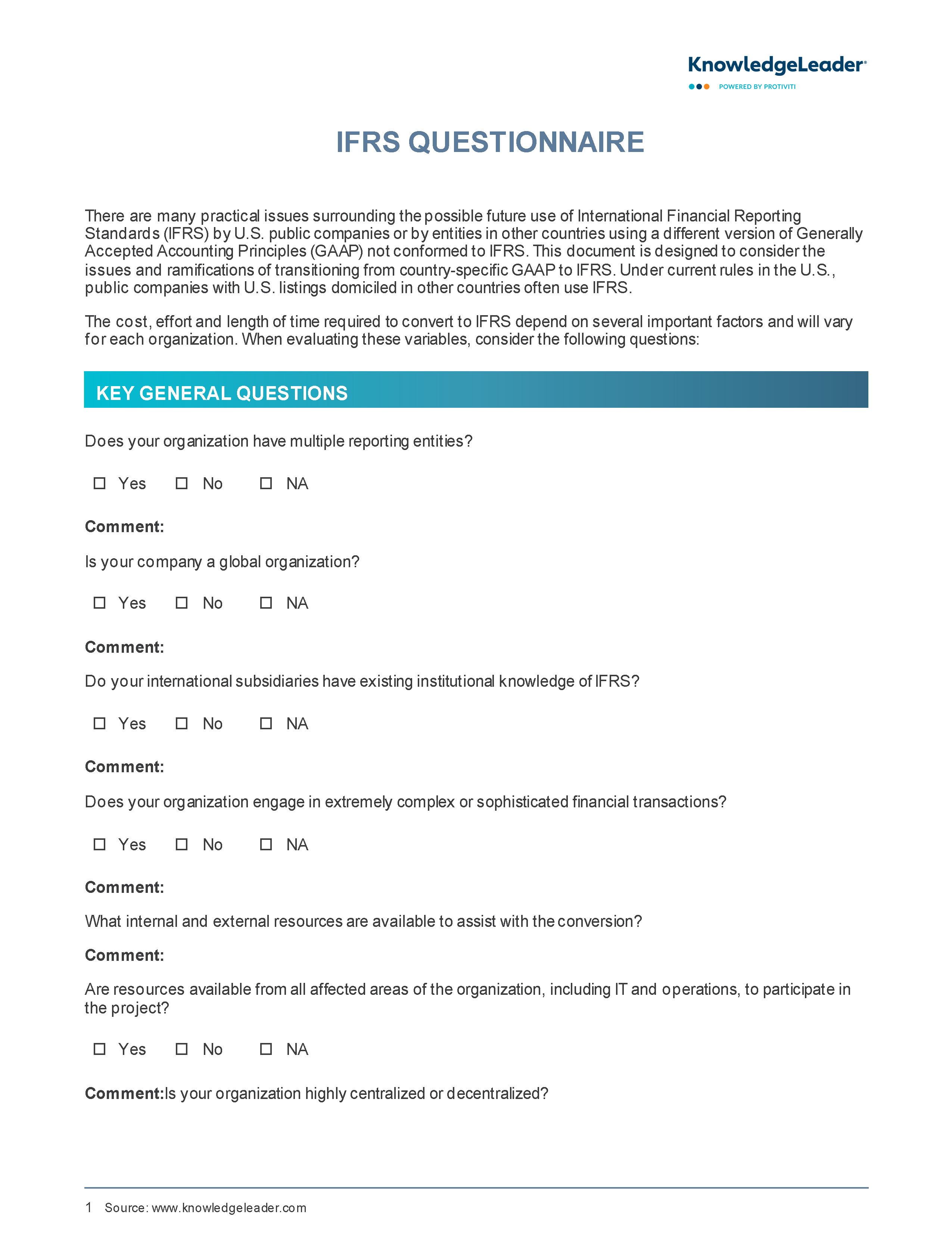 Screenshot of the first page of IFRS Questionnaire