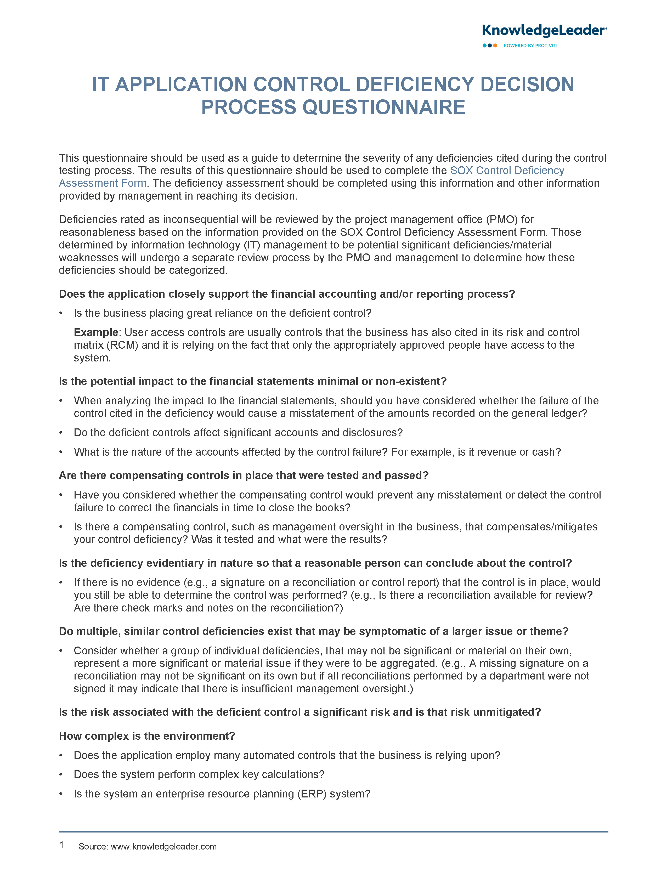 Screenshot of the first page of IT Application Control Deficiency Decision Process