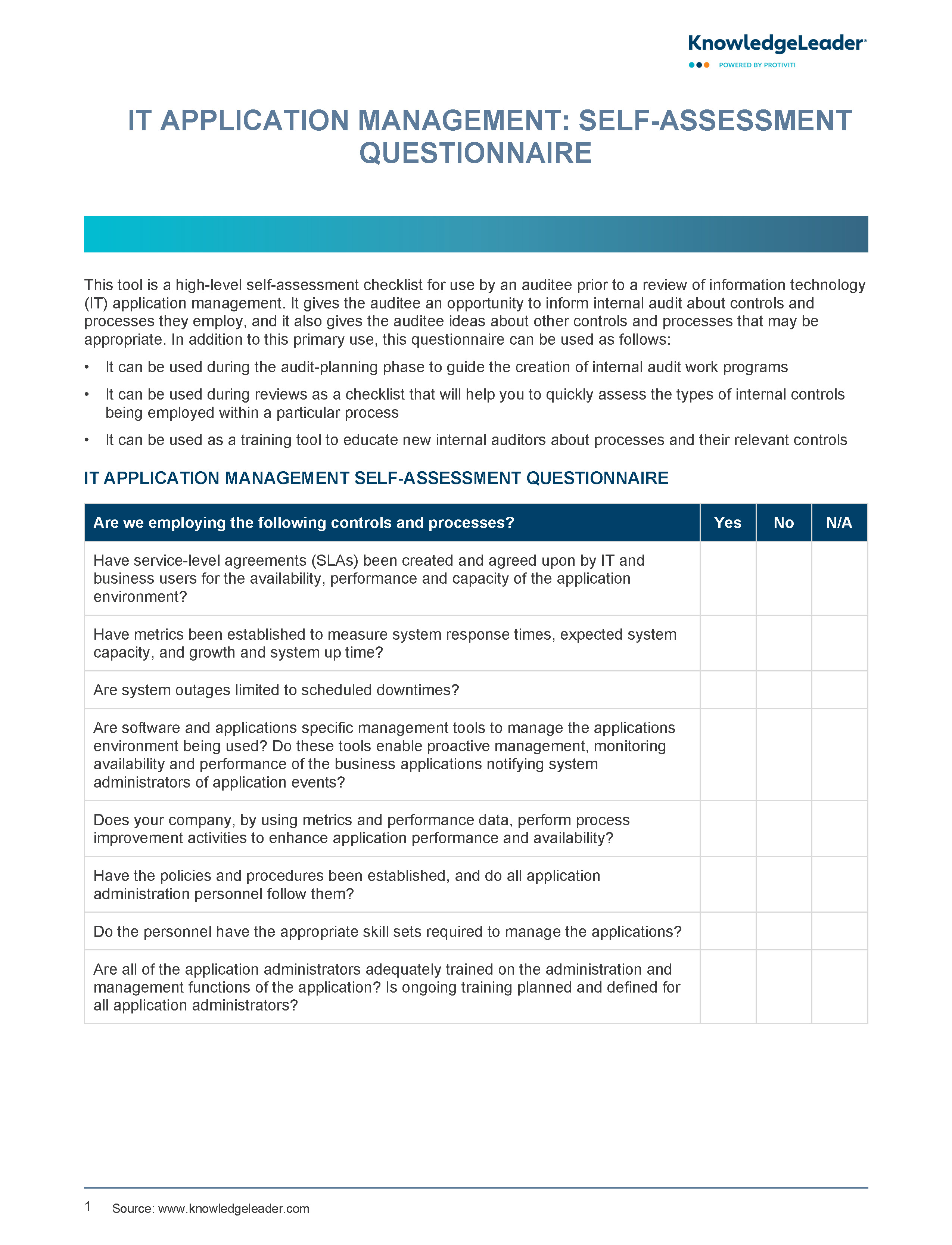 Screenshot of the first page of IT Application Management Self Assessment Questionnaire