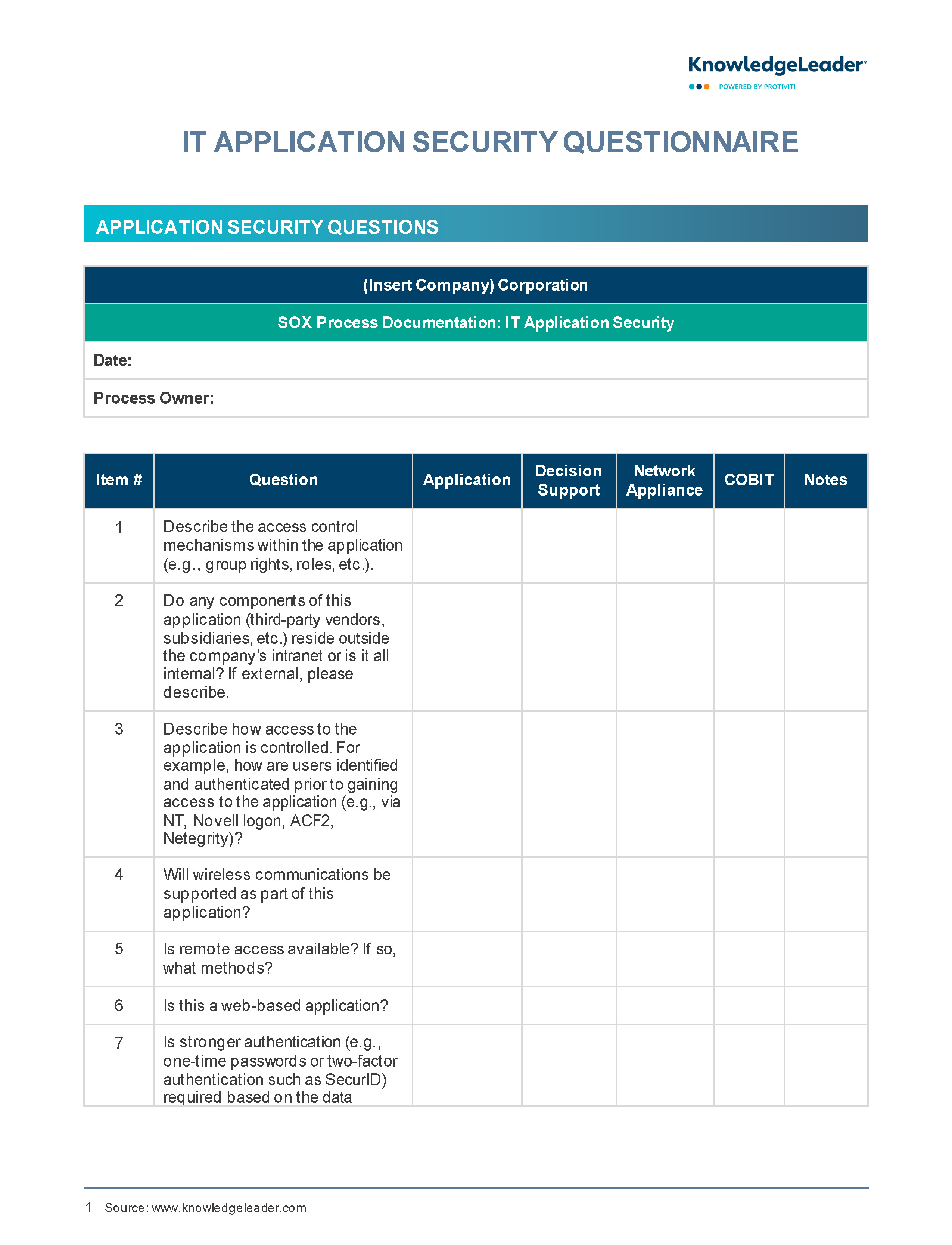 Screenshot of the first page of IT Application Security Questionnaire