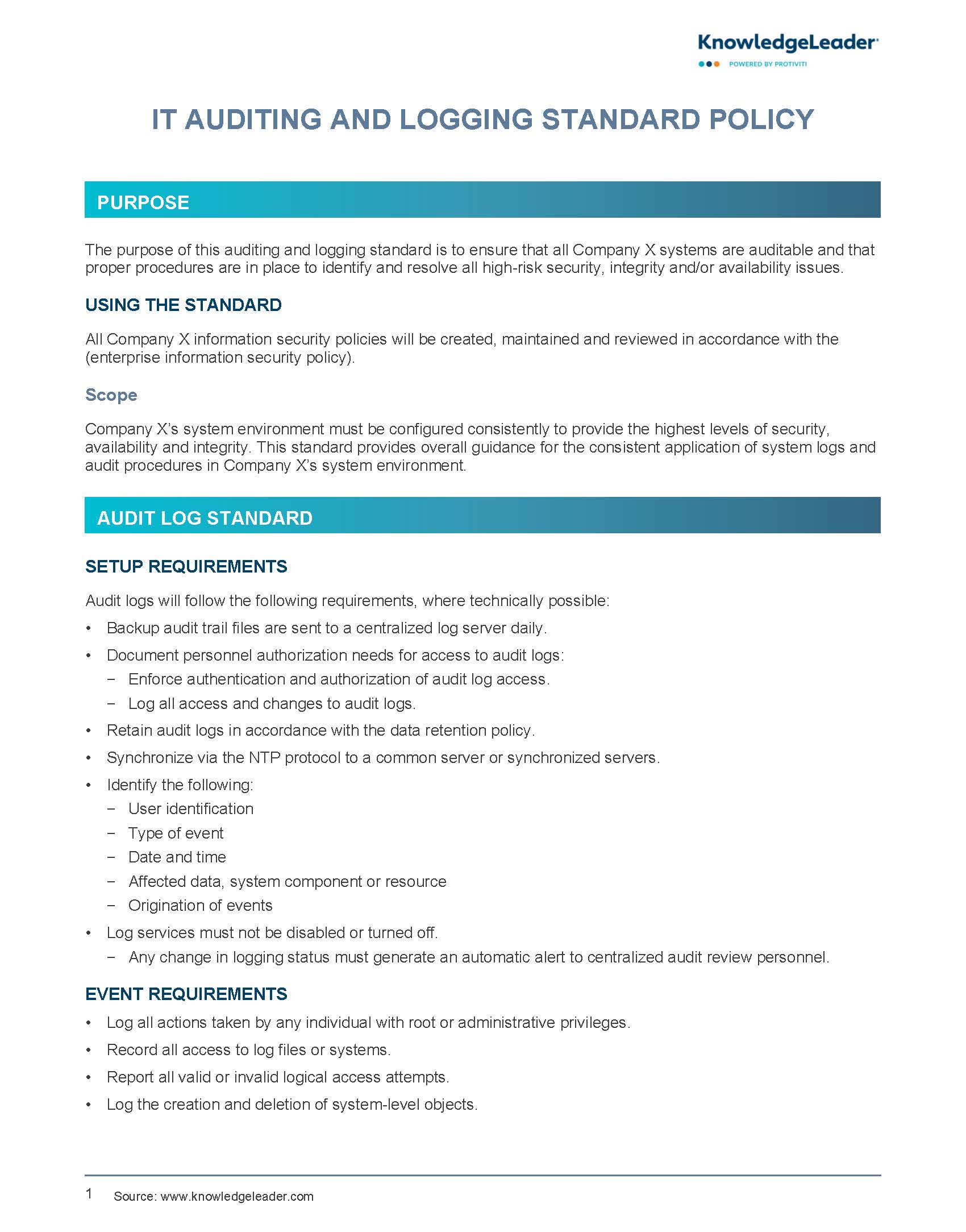 Screenshot of the first page of IT Auditing and Logging Standard Policy
