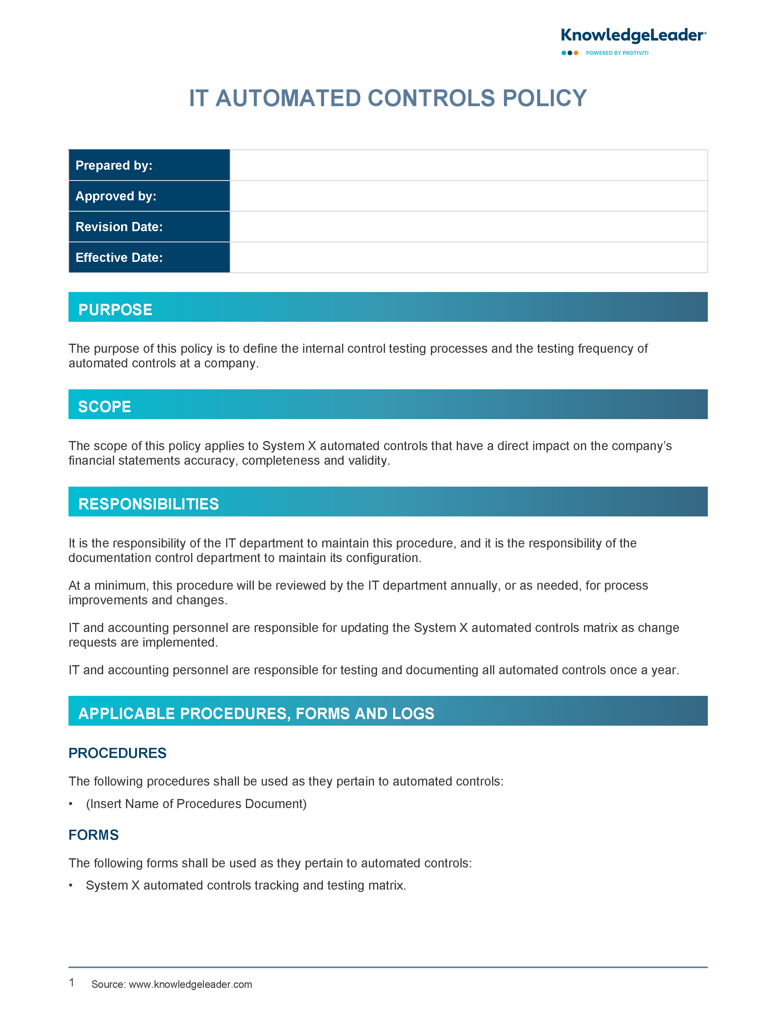 Screenshot of the first page of IT Automated Controls Policy