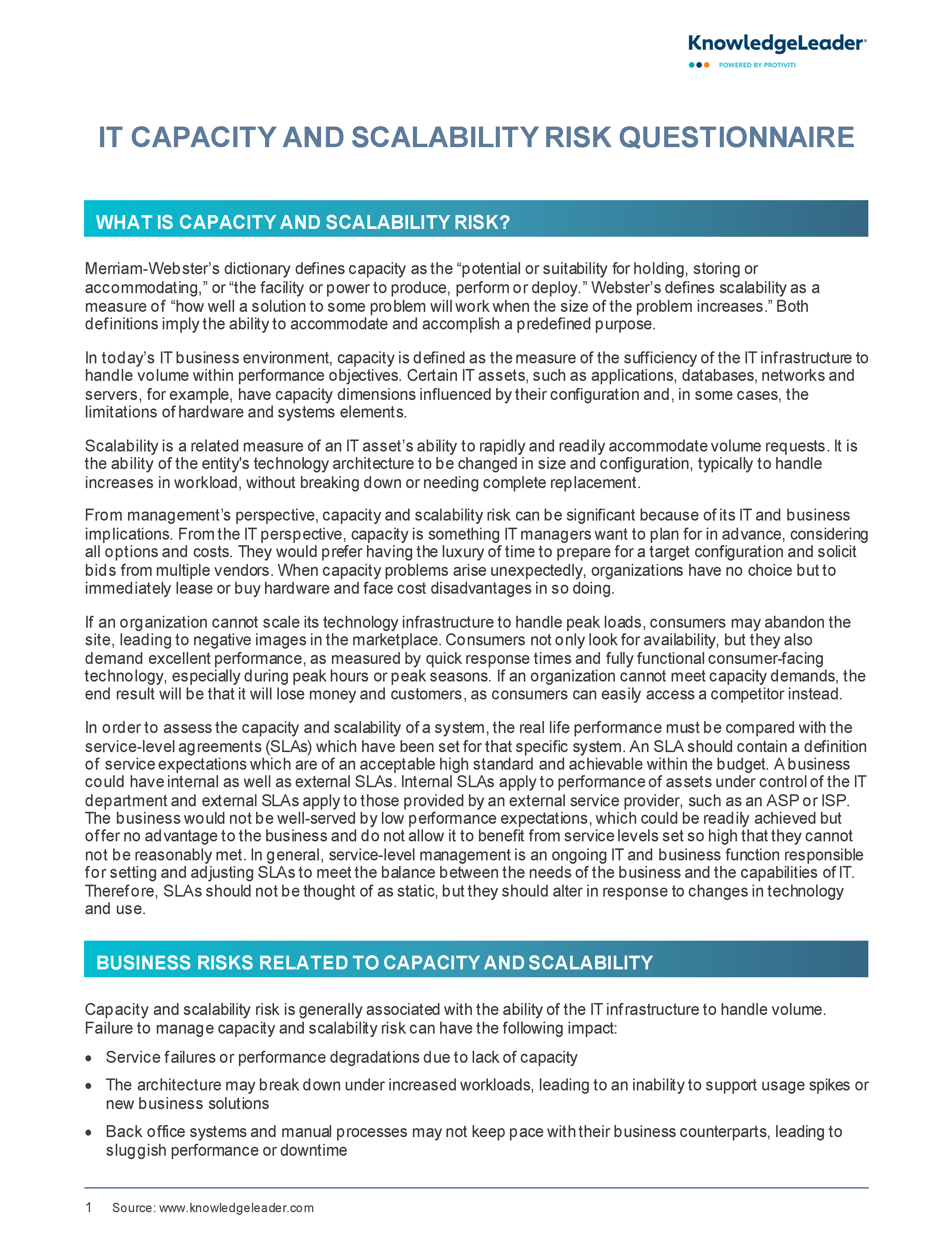 Screenshot of the first page of IT Capacity and Scalability Risk Questionnaire